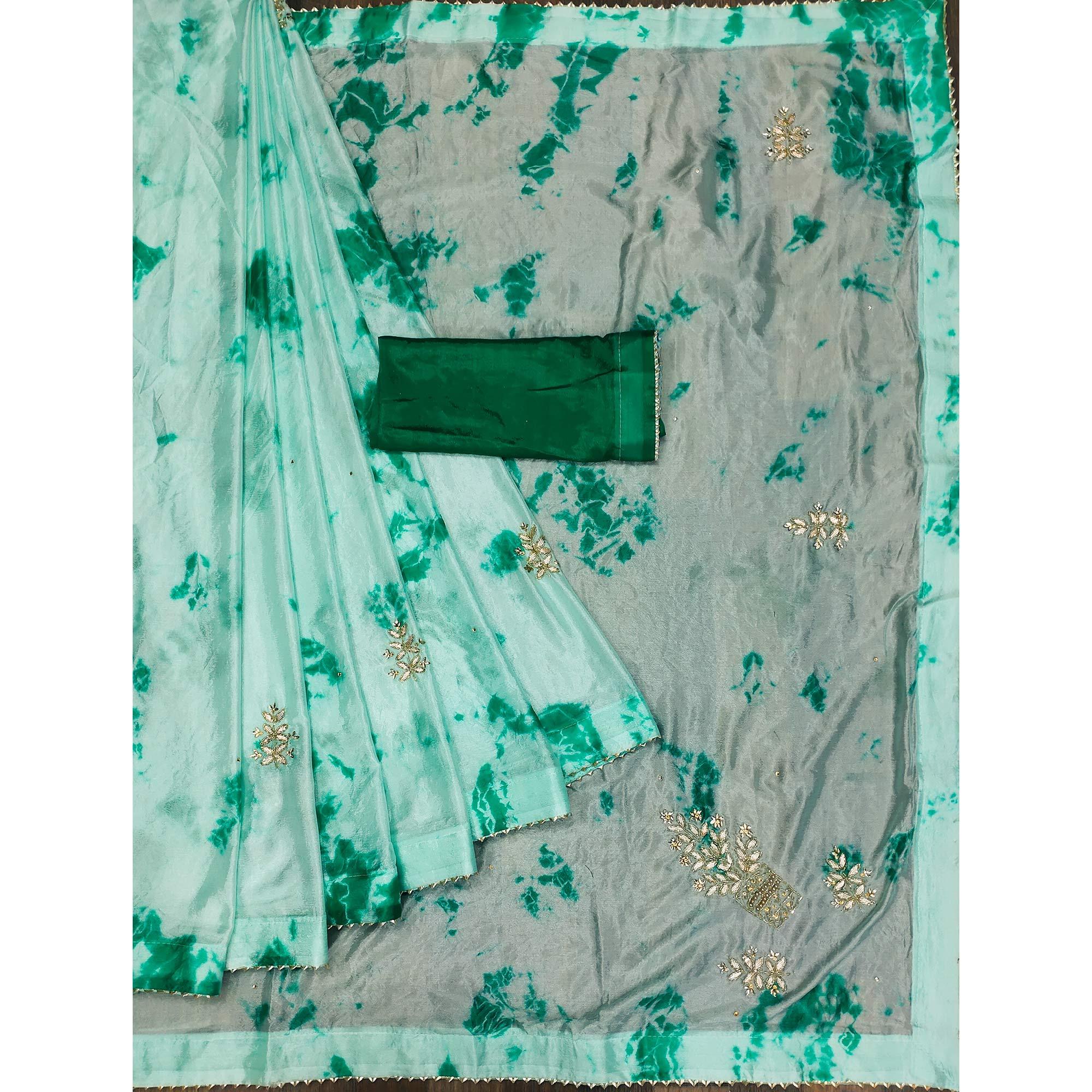 Turquoise Printed Chiffon Saree - Peachmode