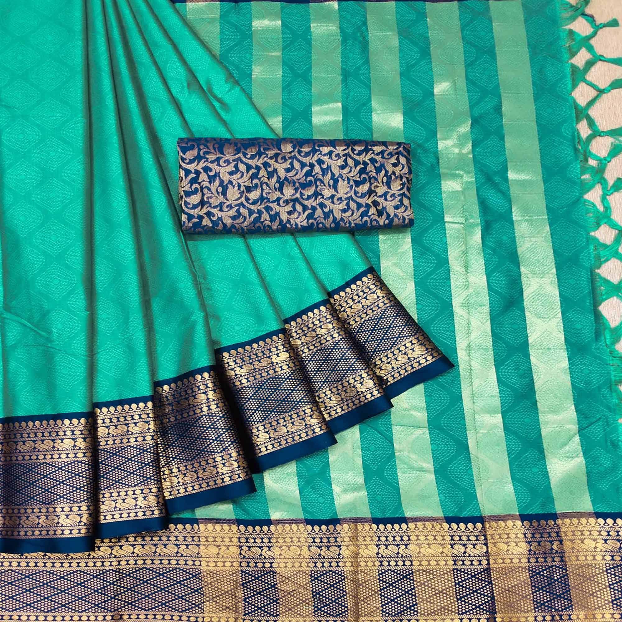 Turquoise Printed Cotton Silk Saree - Peachmode