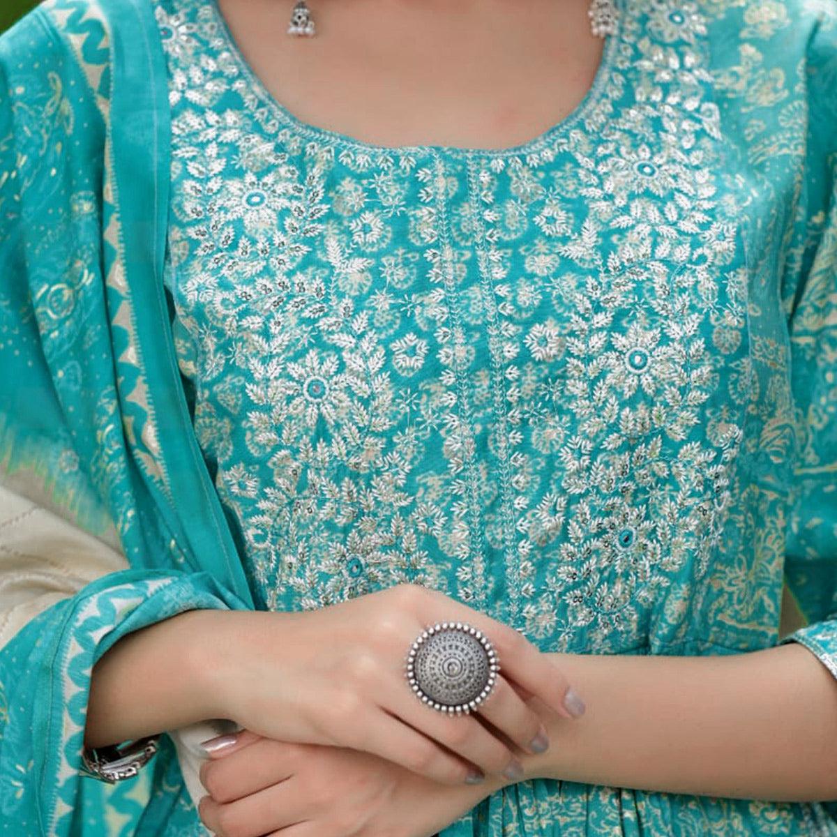 Turquoise Printed-Embroidered Muslin Anarkali Suit - Peachmode