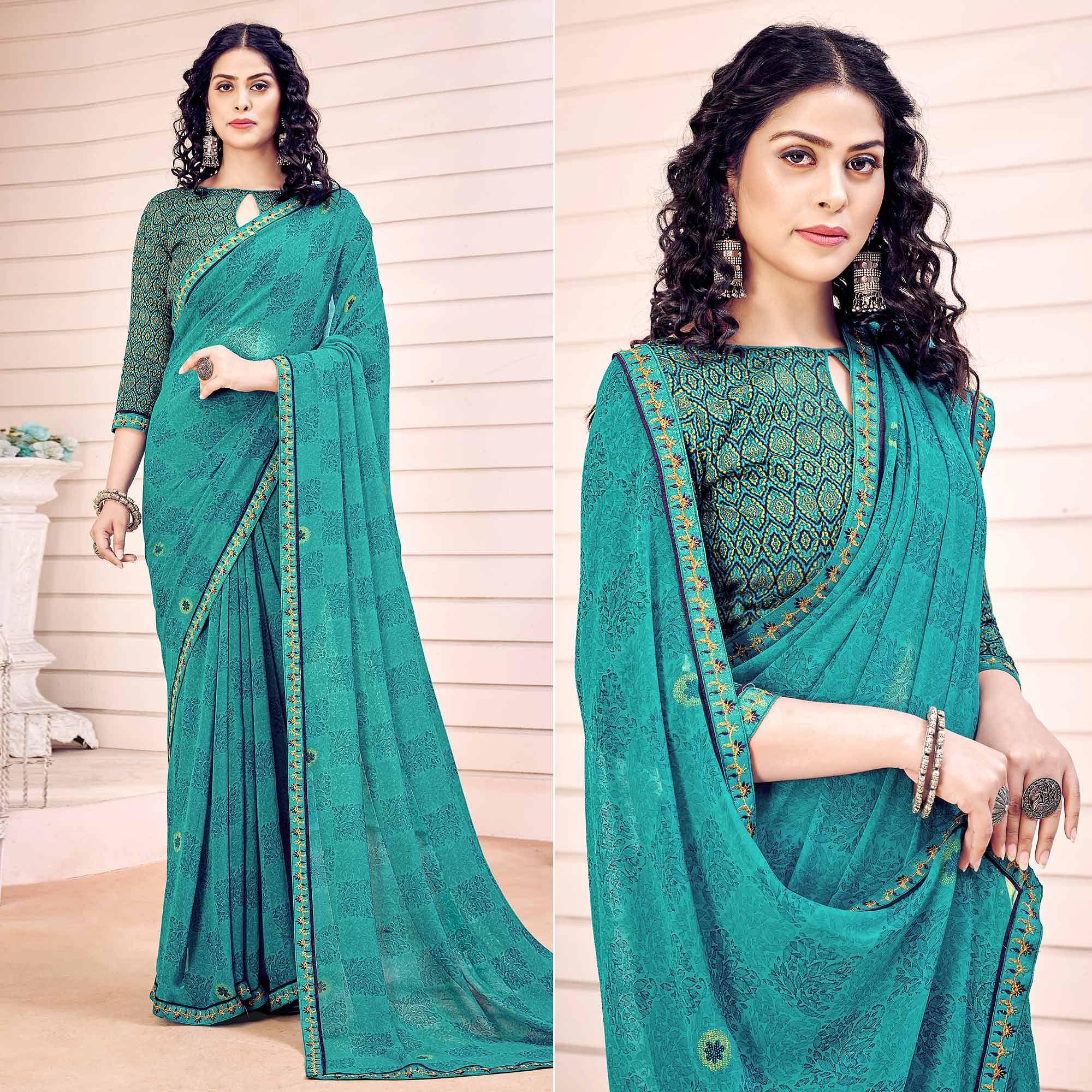 Turquoise Printed Georgette Saree - Peachmode