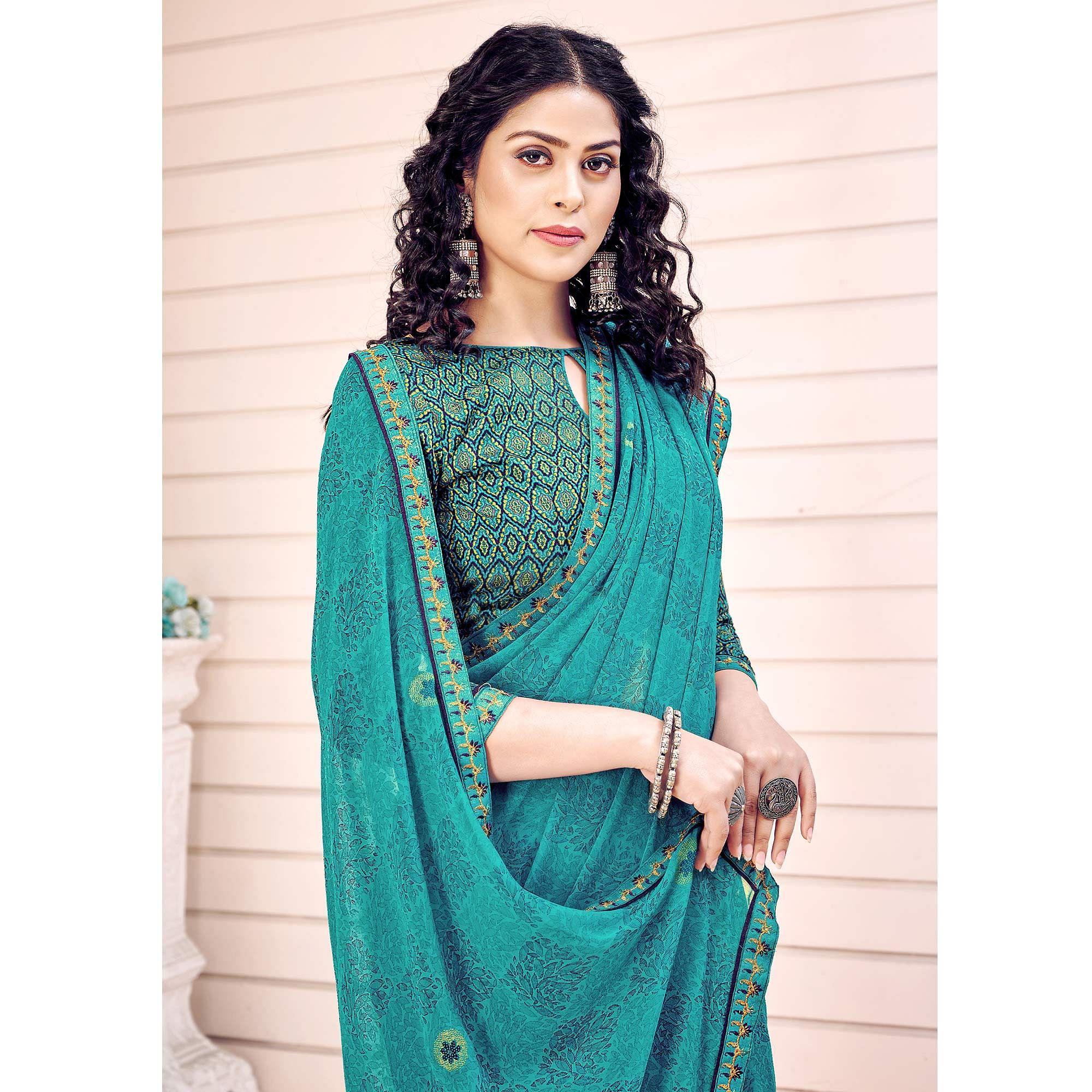 Turquoise Printed Georgette Saree - Peachmode