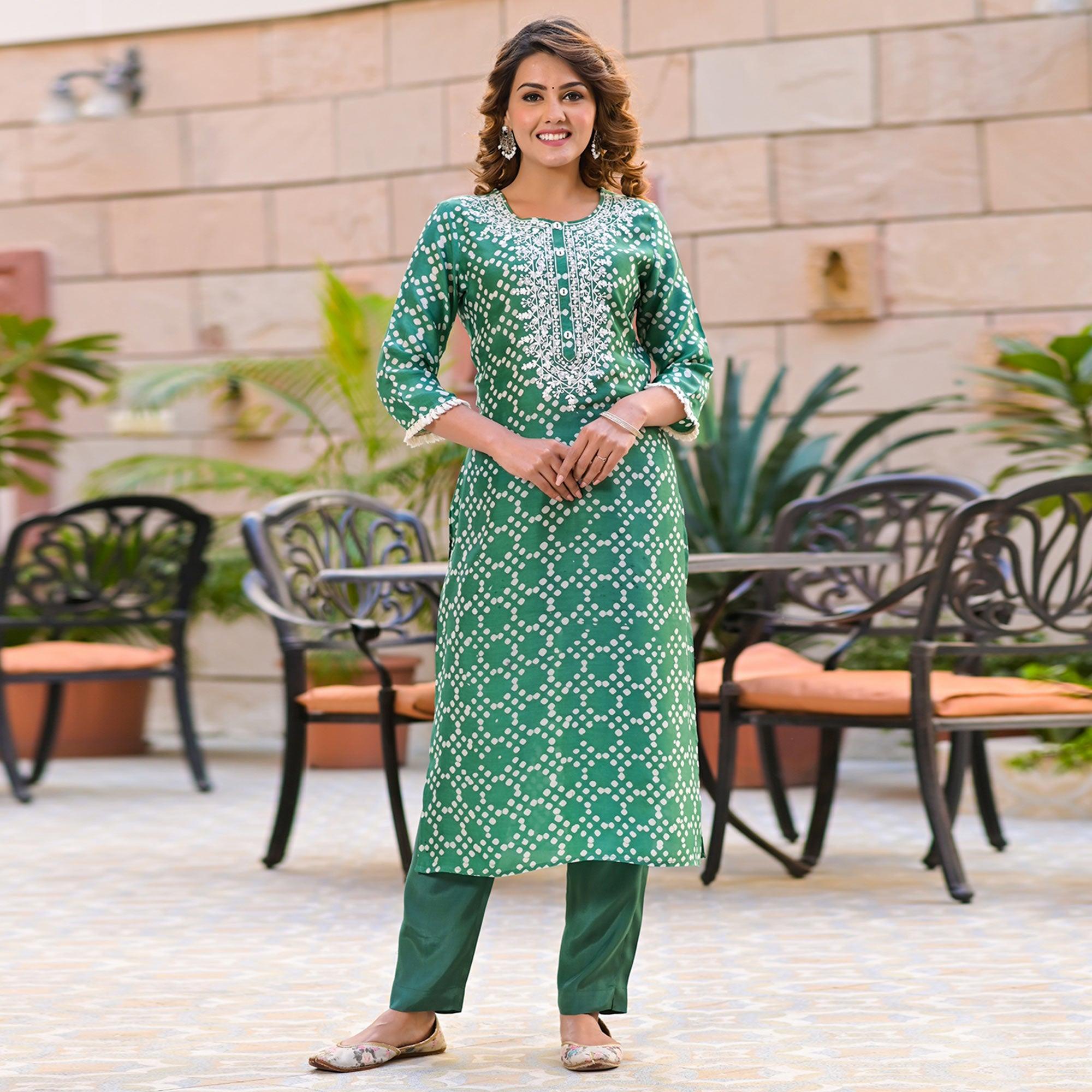 Turquoise Printed Muslin Kurti Pant Set With Dupatta - Peachmode