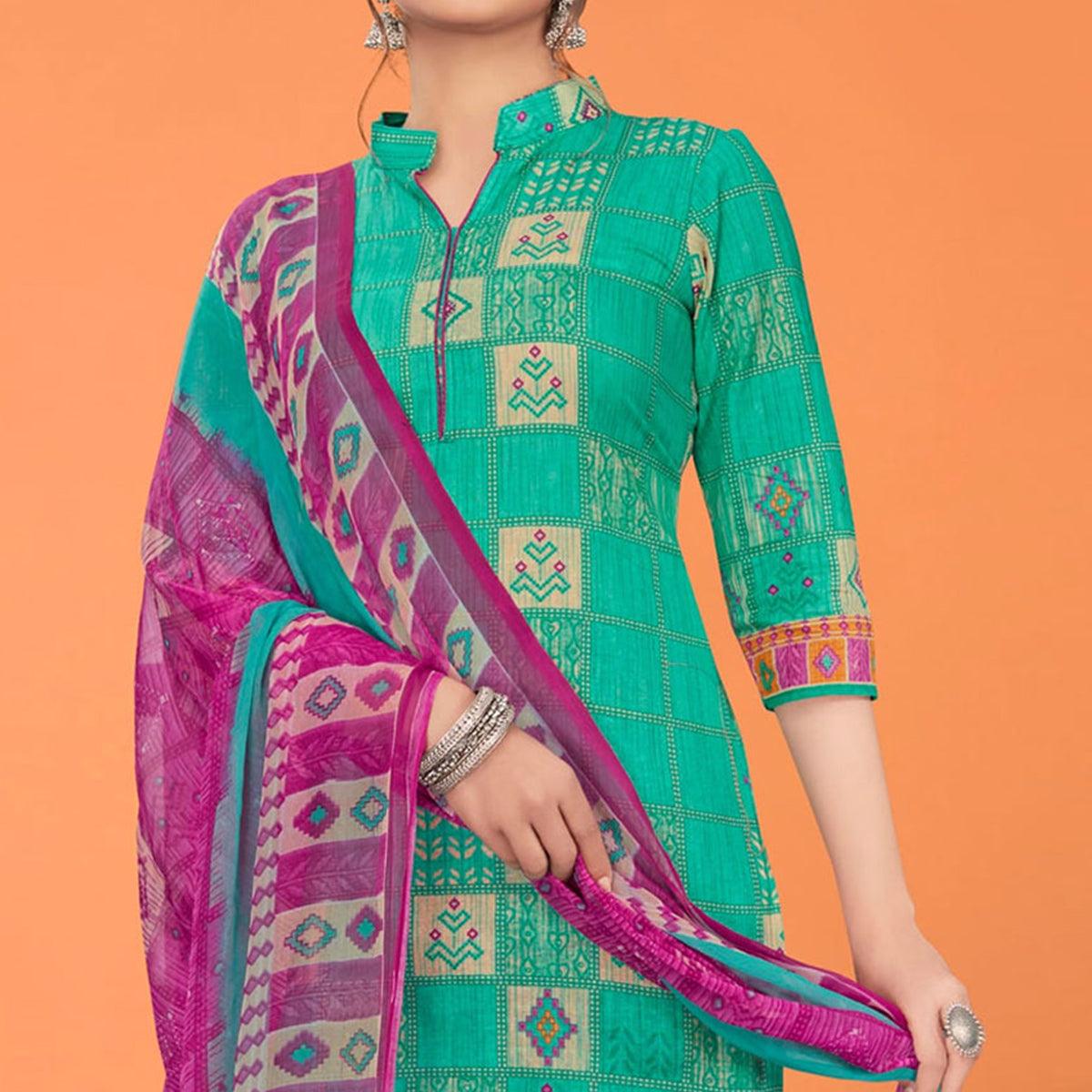 Turquoise Printed Poly Cotton Dress Material - Peachmode
