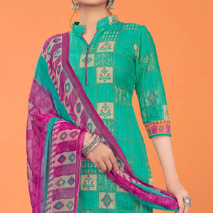Turquoise Printed Poly Cotton Dress Material - Peachmode