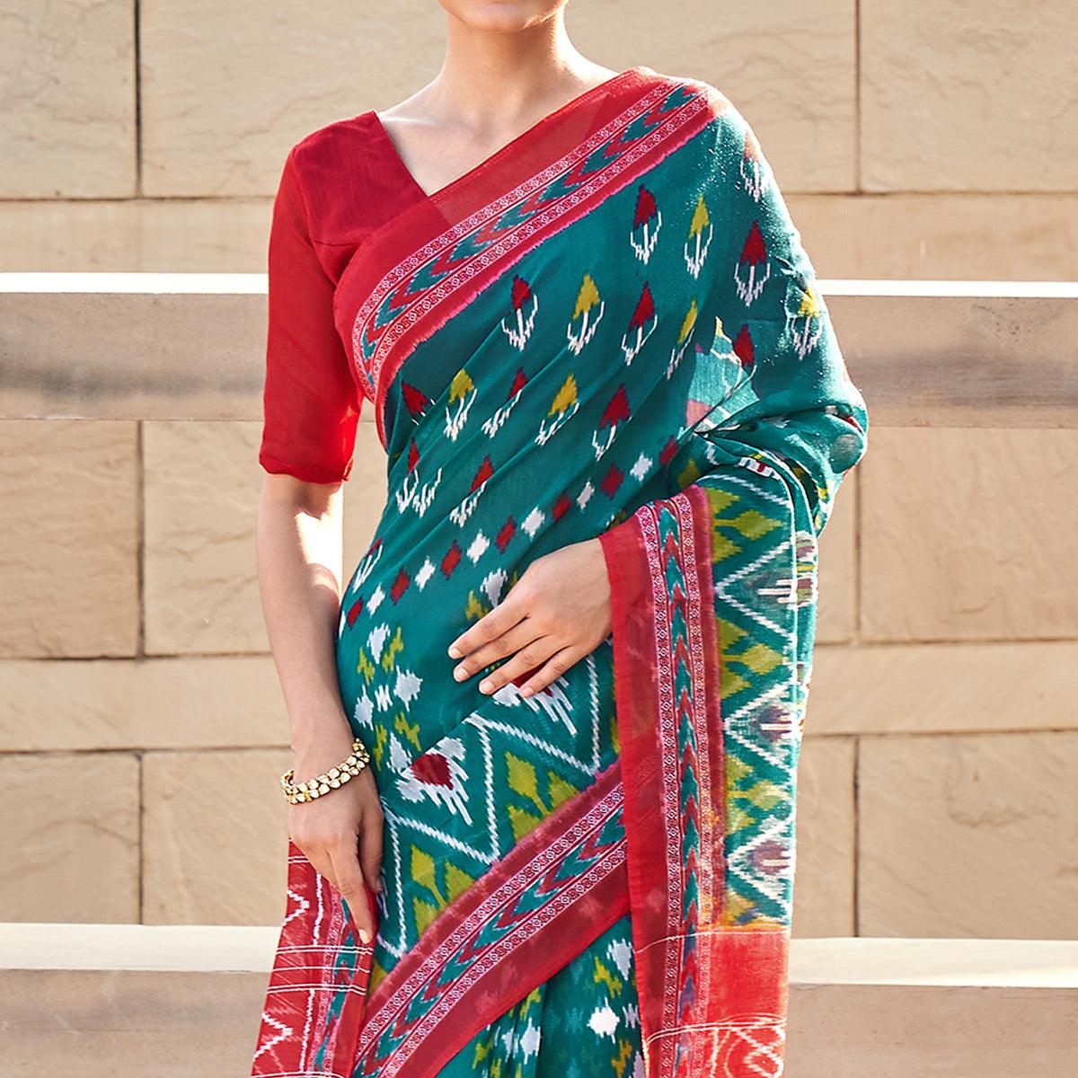 Turquoise Printed Poly Cotton Saree - Peachmode