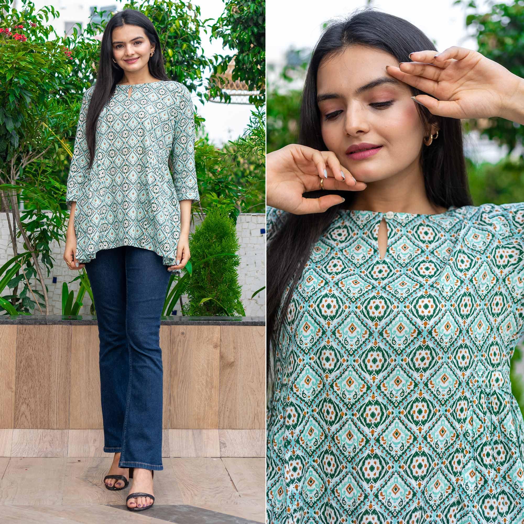 Turquoise Printed Poly Cotton Top - Peachmode