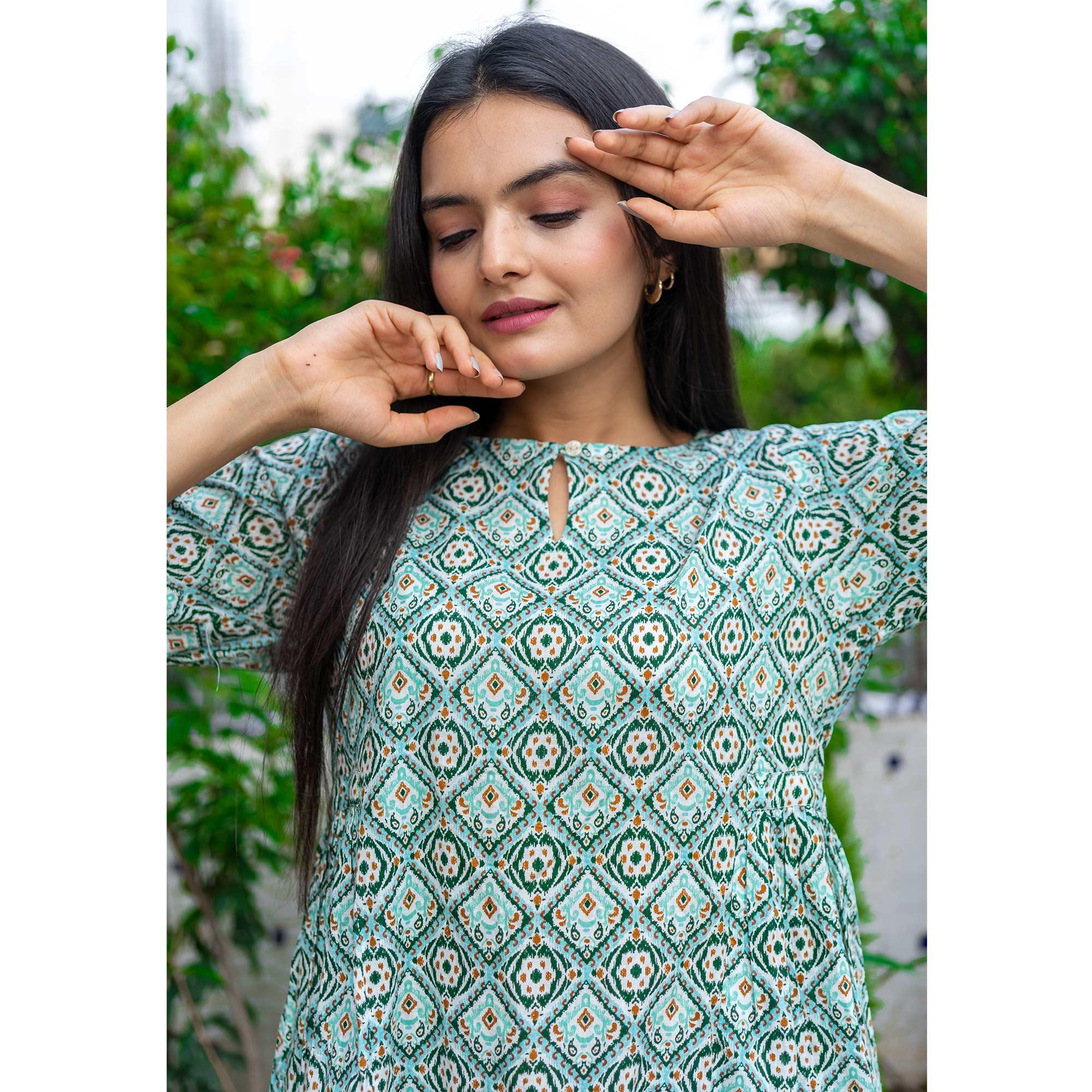 Turquoise Printed Poly Cotton Top - Peachmode