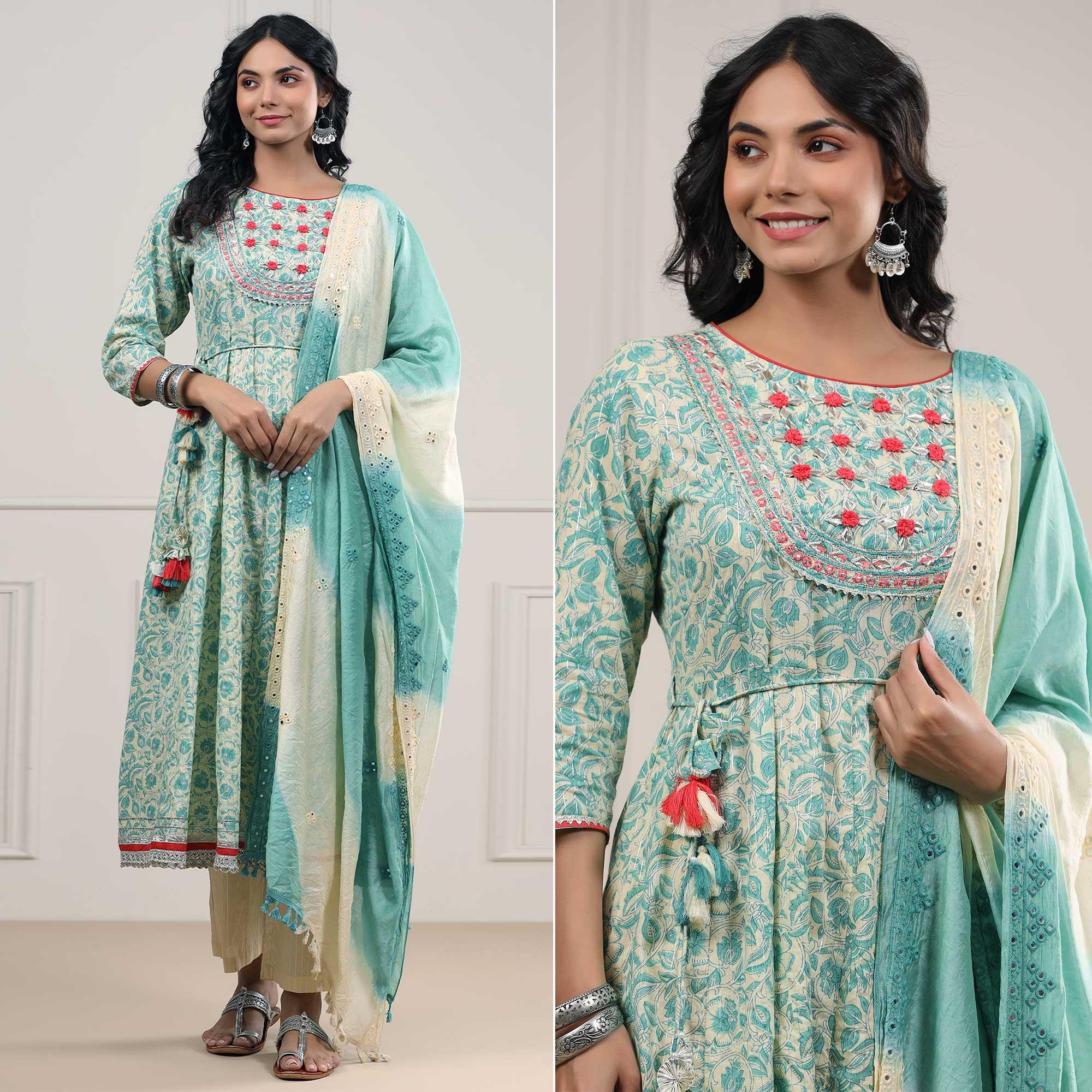 Turquoise Printed Pure Cotton Anarkali Suit - Peachmode
