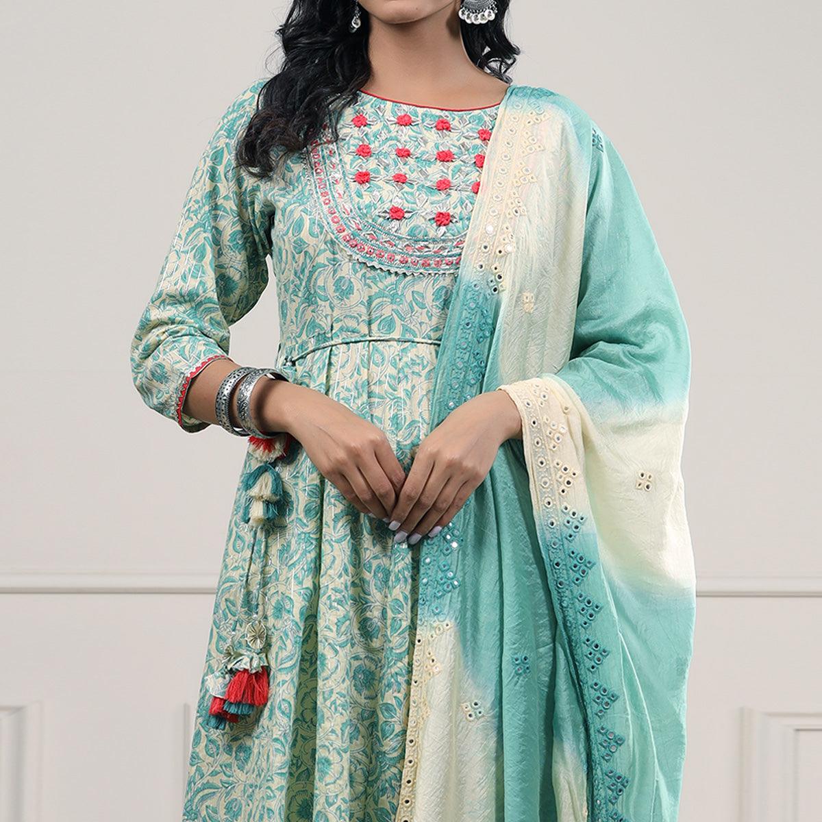 Turquoise Printed Pure Cotton Anarkali Suit - Peachmode