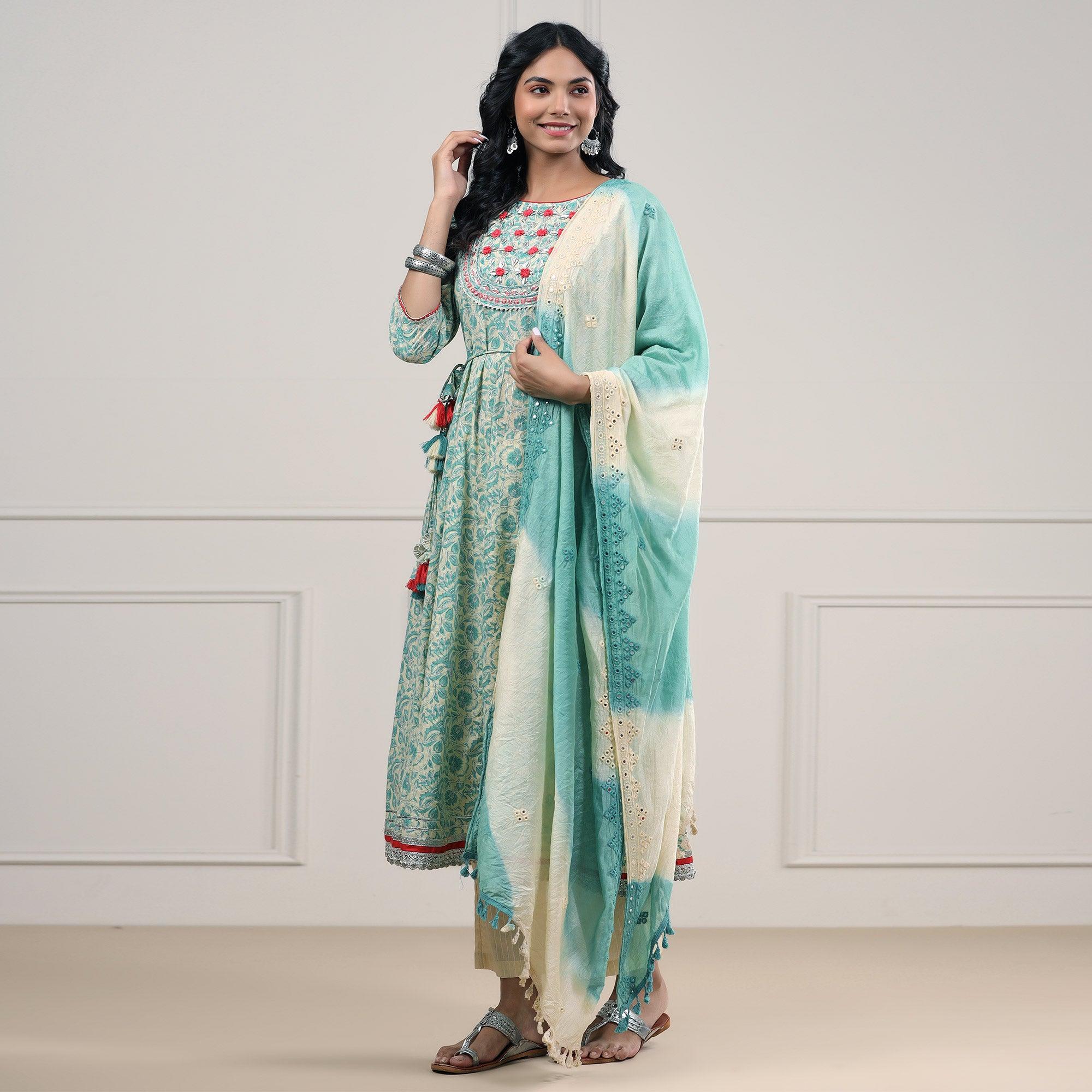 Turquoise Printed Pure Cotton Anarkali Suit - Peachmode