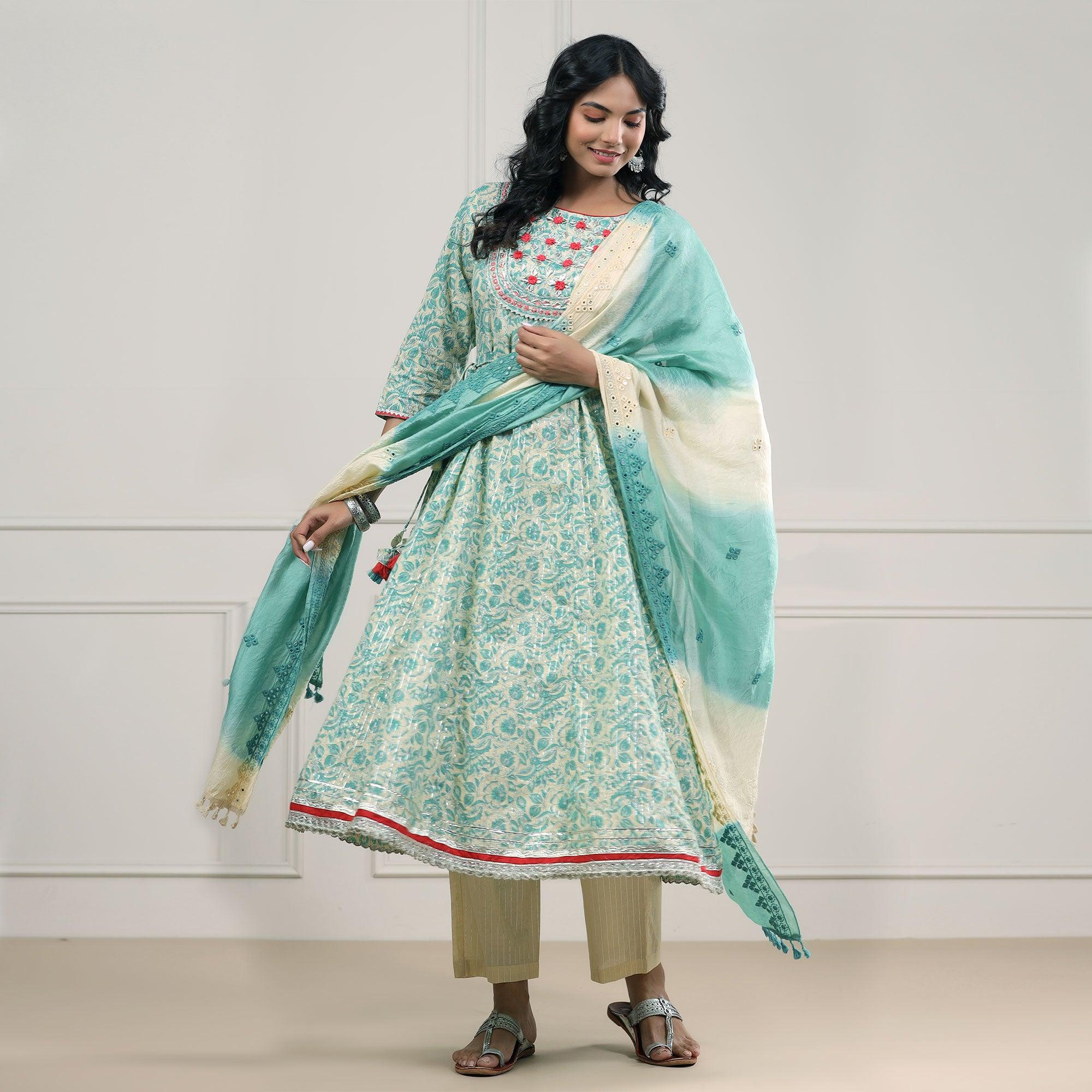 Turquoise Printed Pure Cotton Anarkali Suit - Peachmode