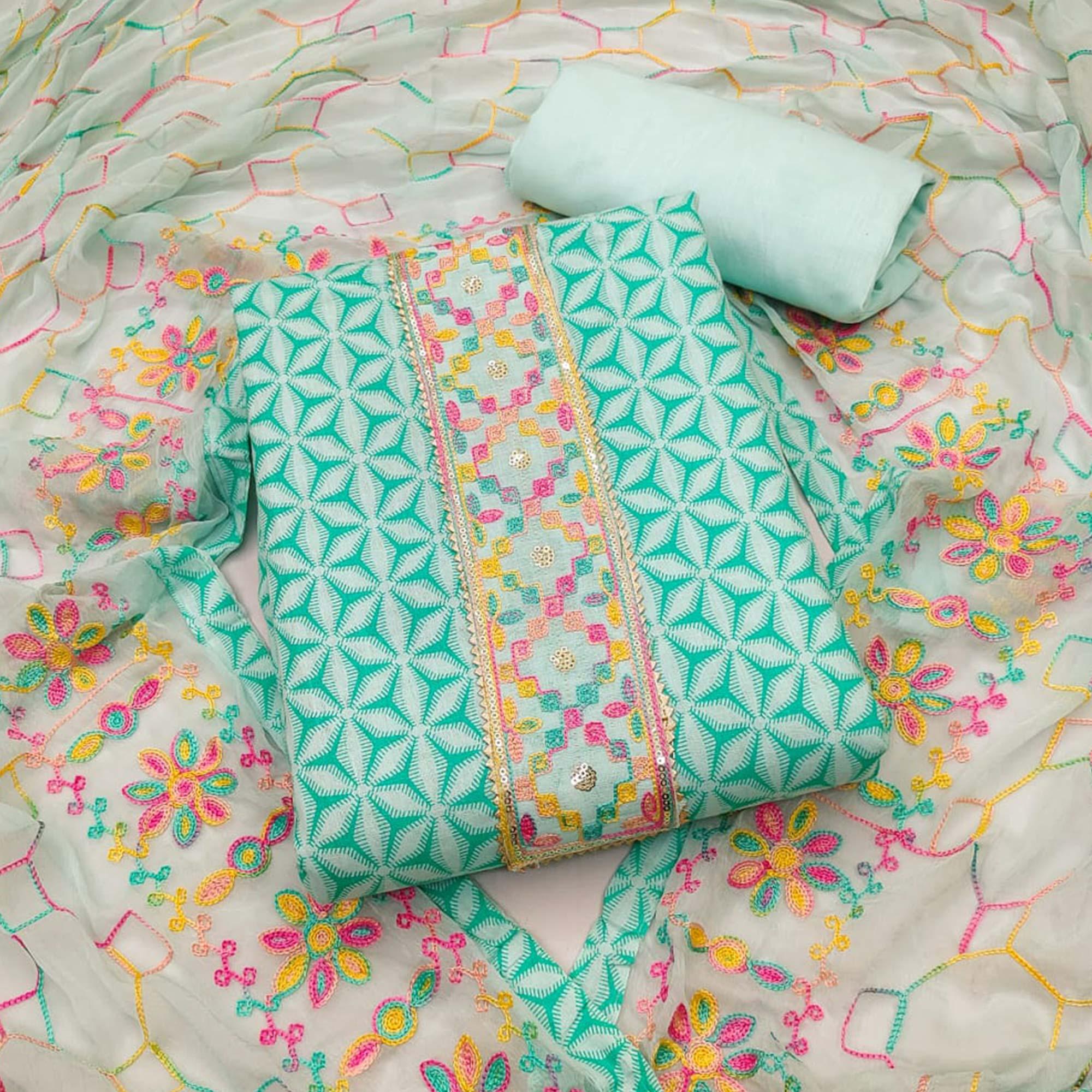 Turquoise Printed Pure Cotton Dress Material - Peachmode