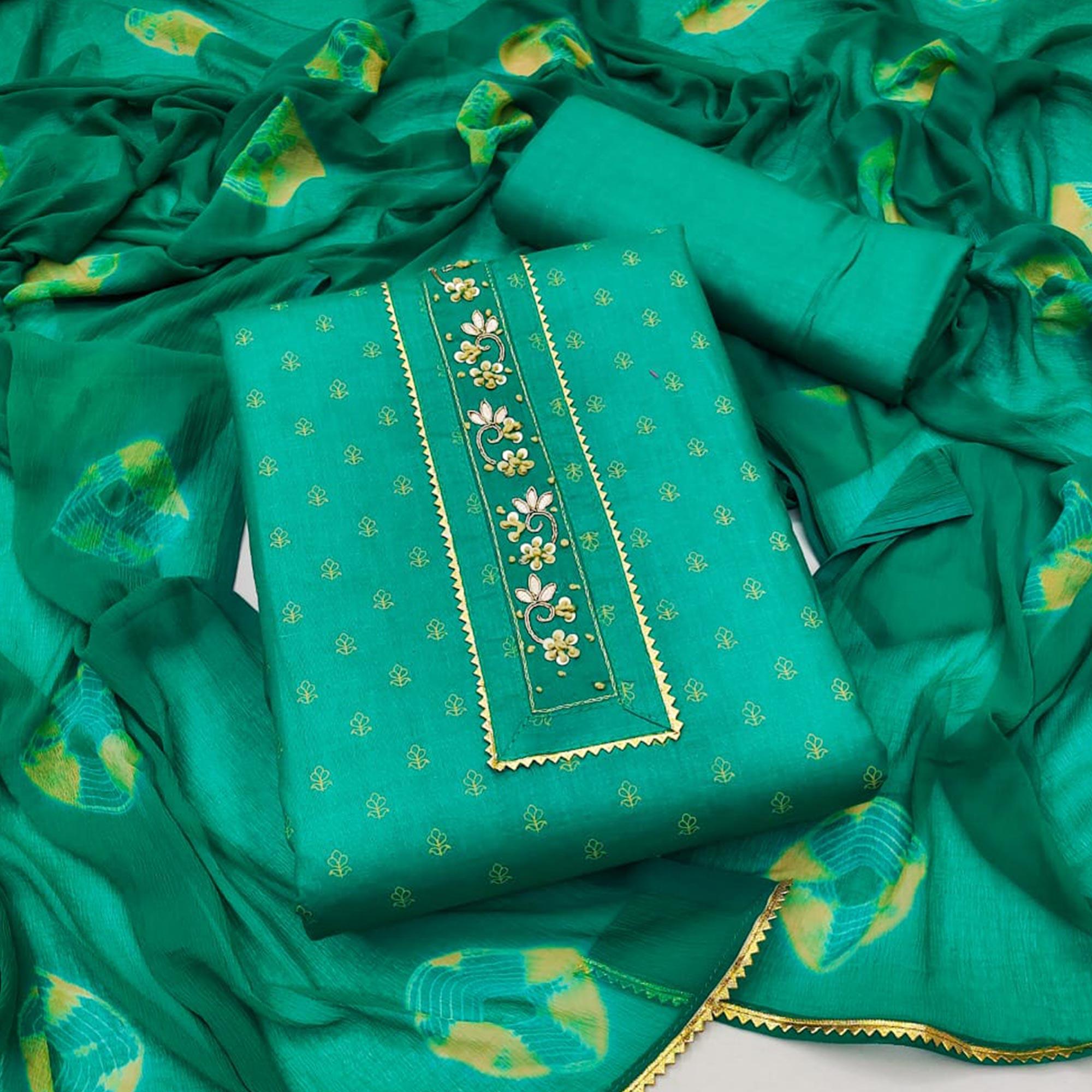 Turquoise Printed Pure Cotton Dress Material - Peachmode