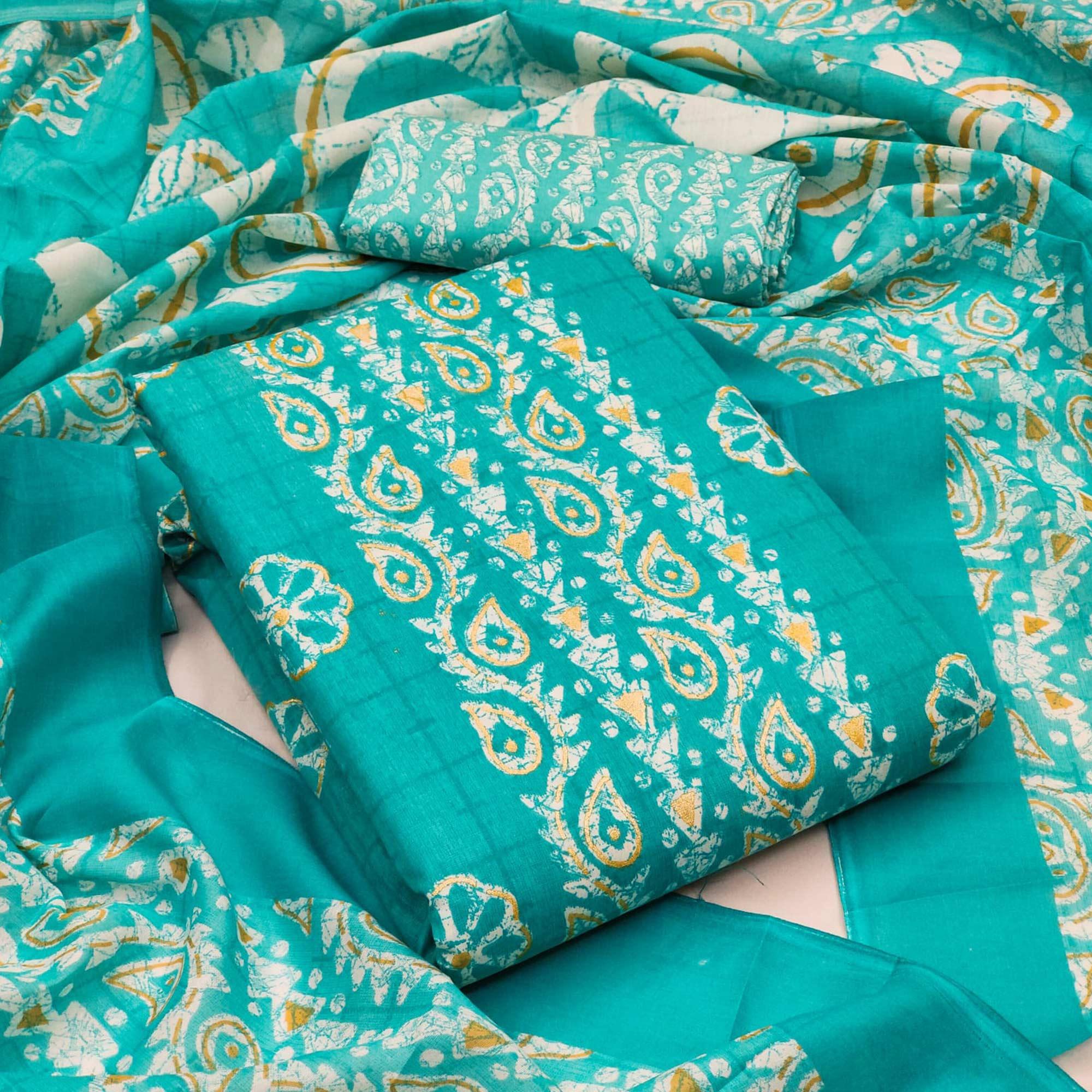 Turquoise Printed Pure Cotton Dress Material - Peachmode