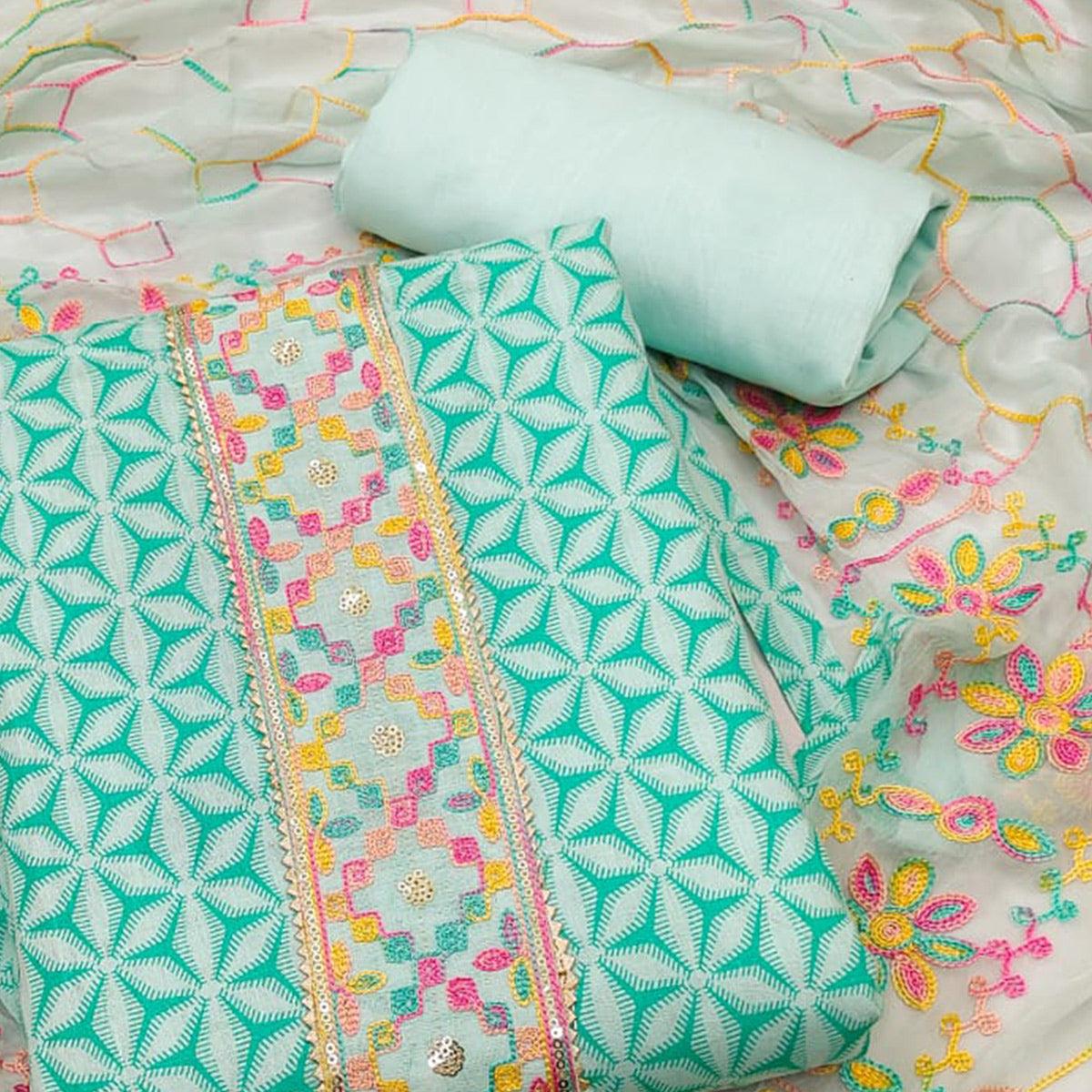 Turquoise Printed Pure Cotton Dress Material - Peachmode