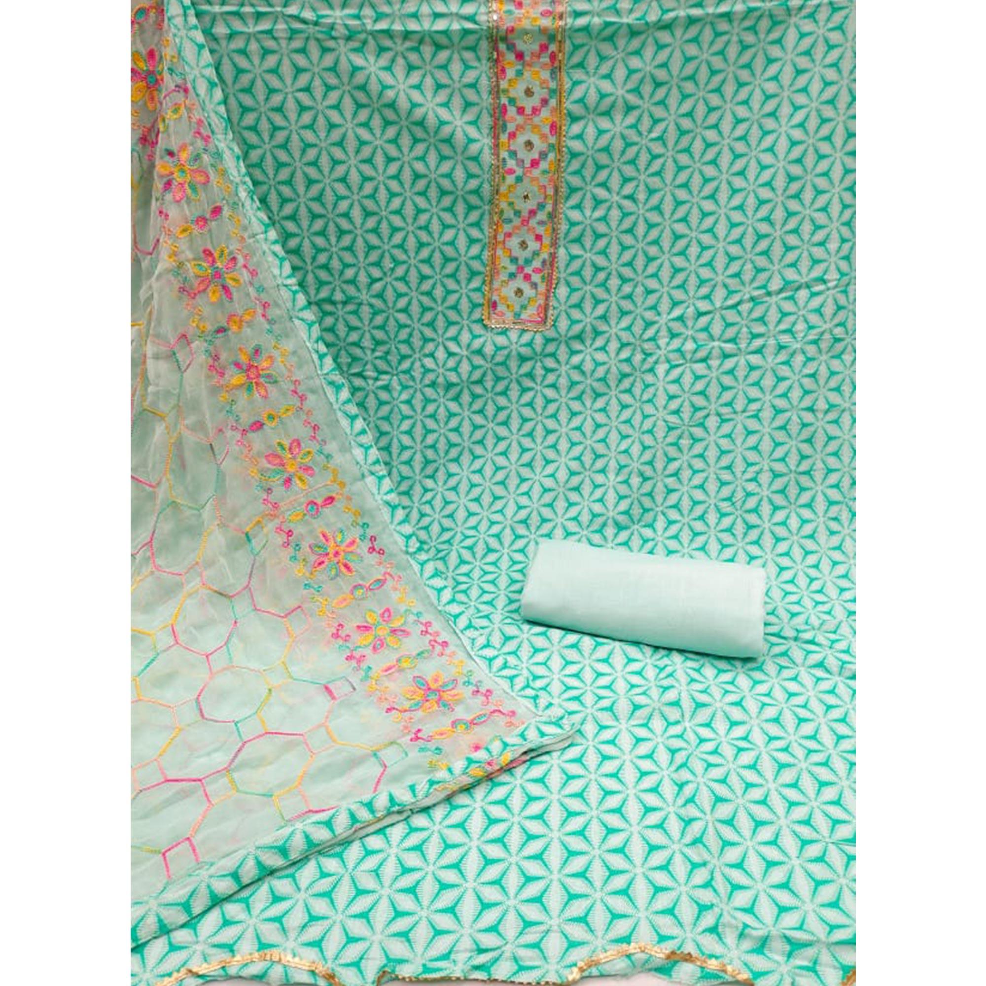 Turquoise Printed Pure Cotton Dress Material - Peachmode