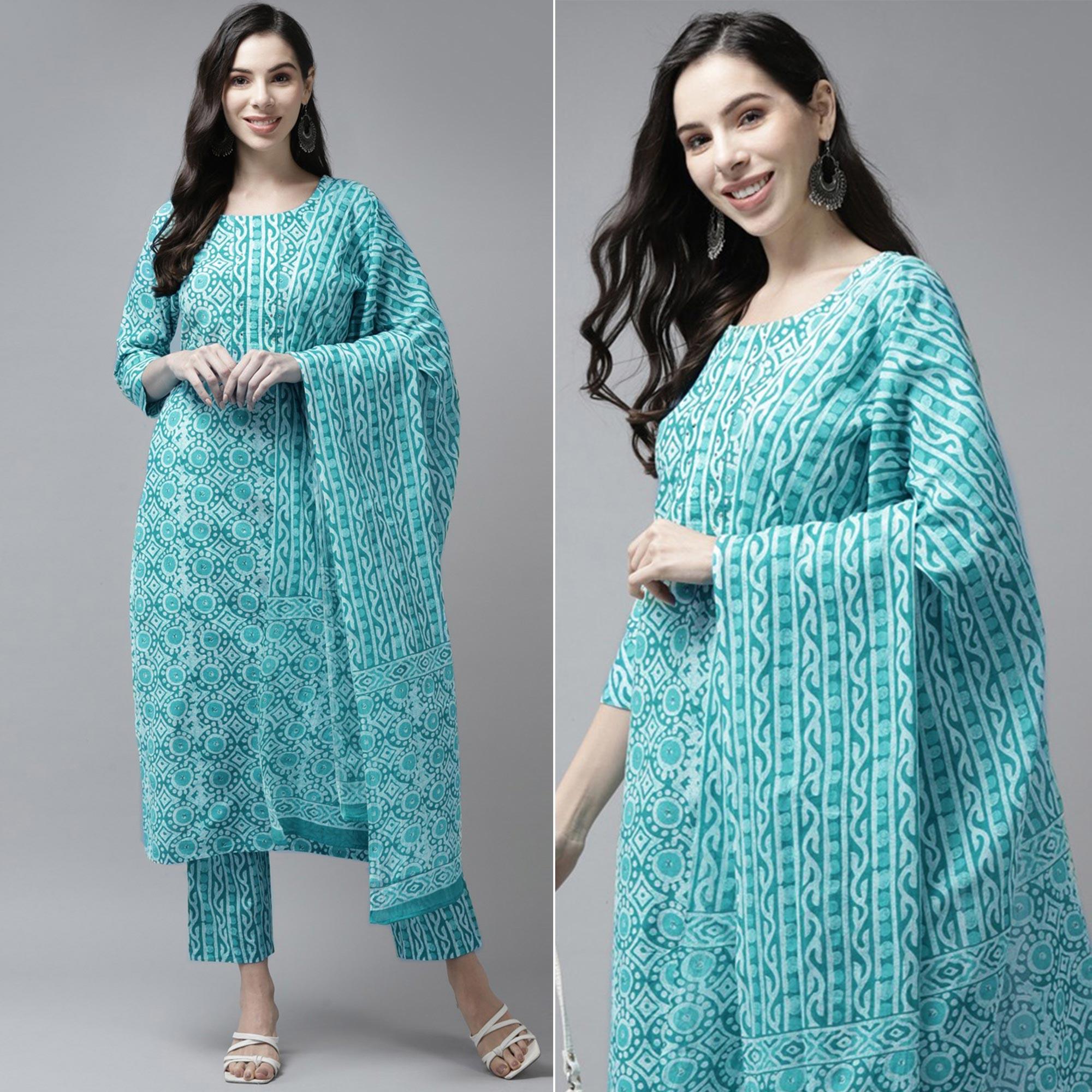 Turquoise Printed Pure Cotton Kurti Pant Set with Dupatta - Peachmode