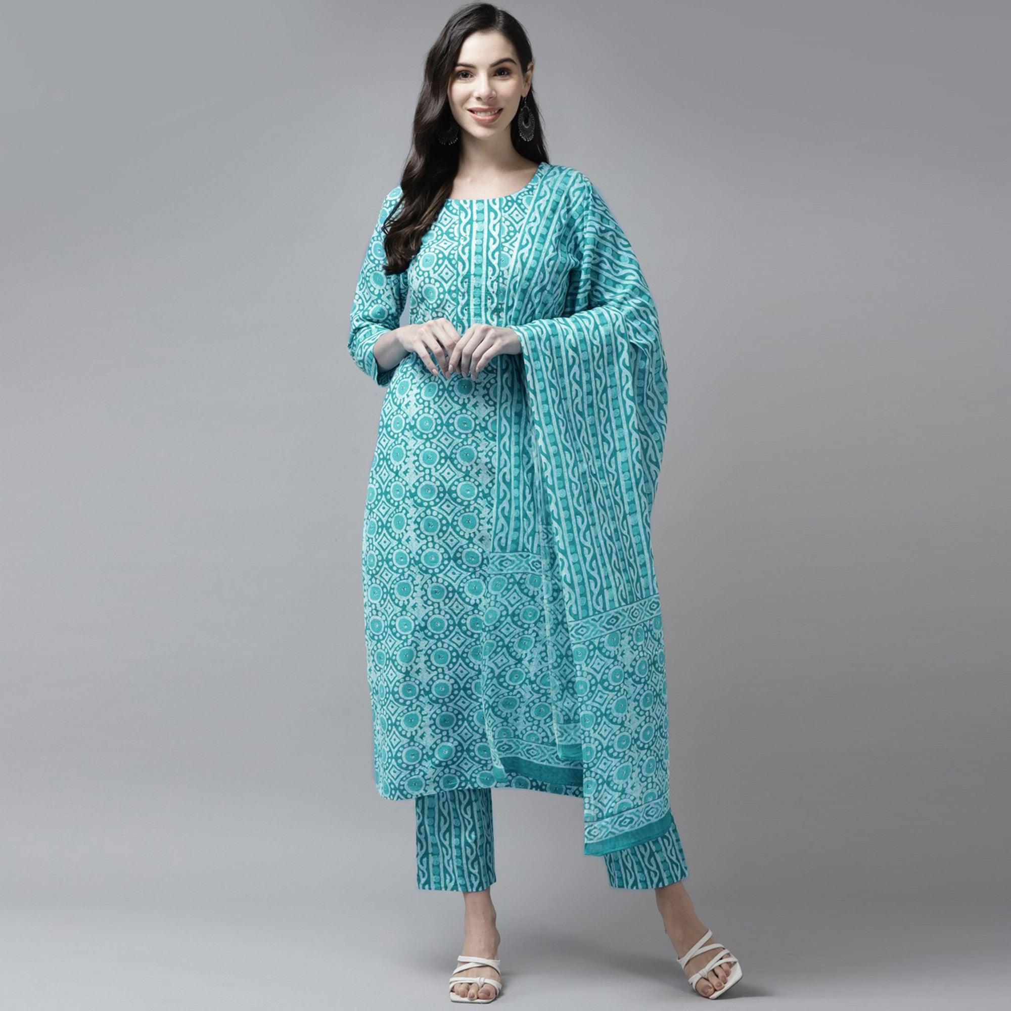 Turquoise Printed Pure Cotton Kurti Pant Set with Dupatta - Peachmode