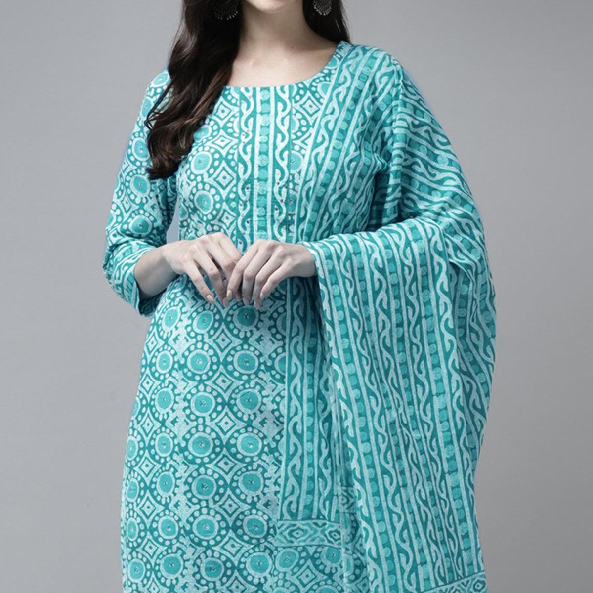 Turquoise Printed Pure Cotton Kurti Pant Set with Dupatta - Peachmode