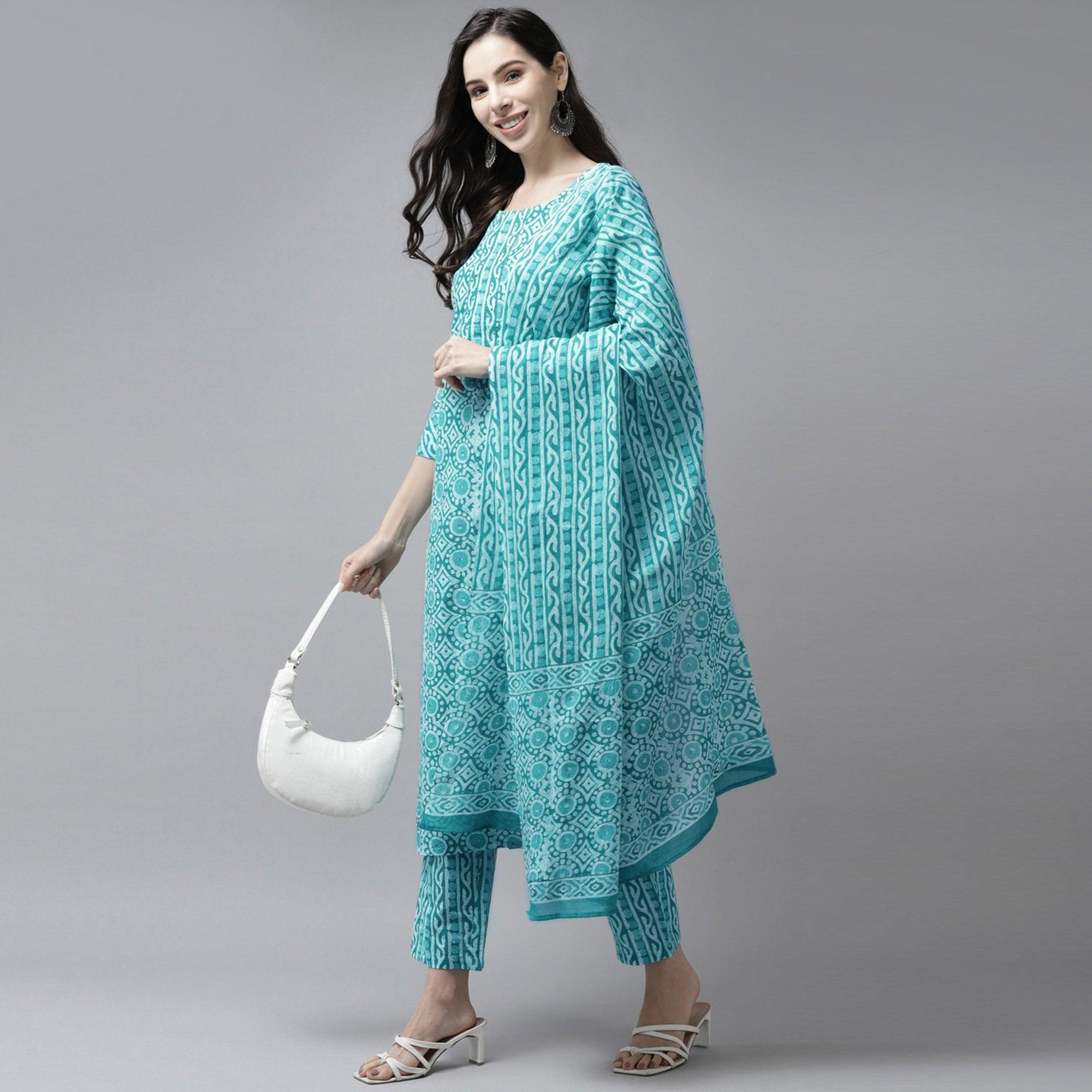 Turquoise Printed Pure Cotton Kurti Pant Set with Dupatta - Peachmode