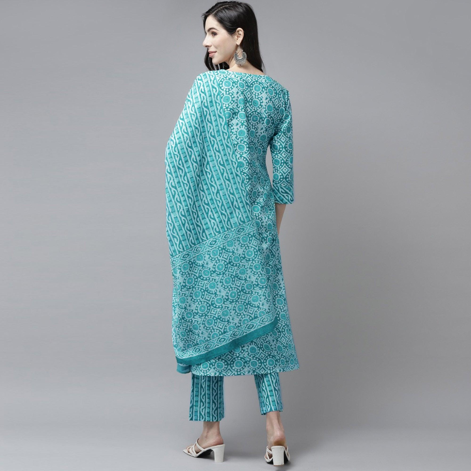 Turquoise Printed Pure Cotton Kurti Pant Set with Dupatta - Peachmode