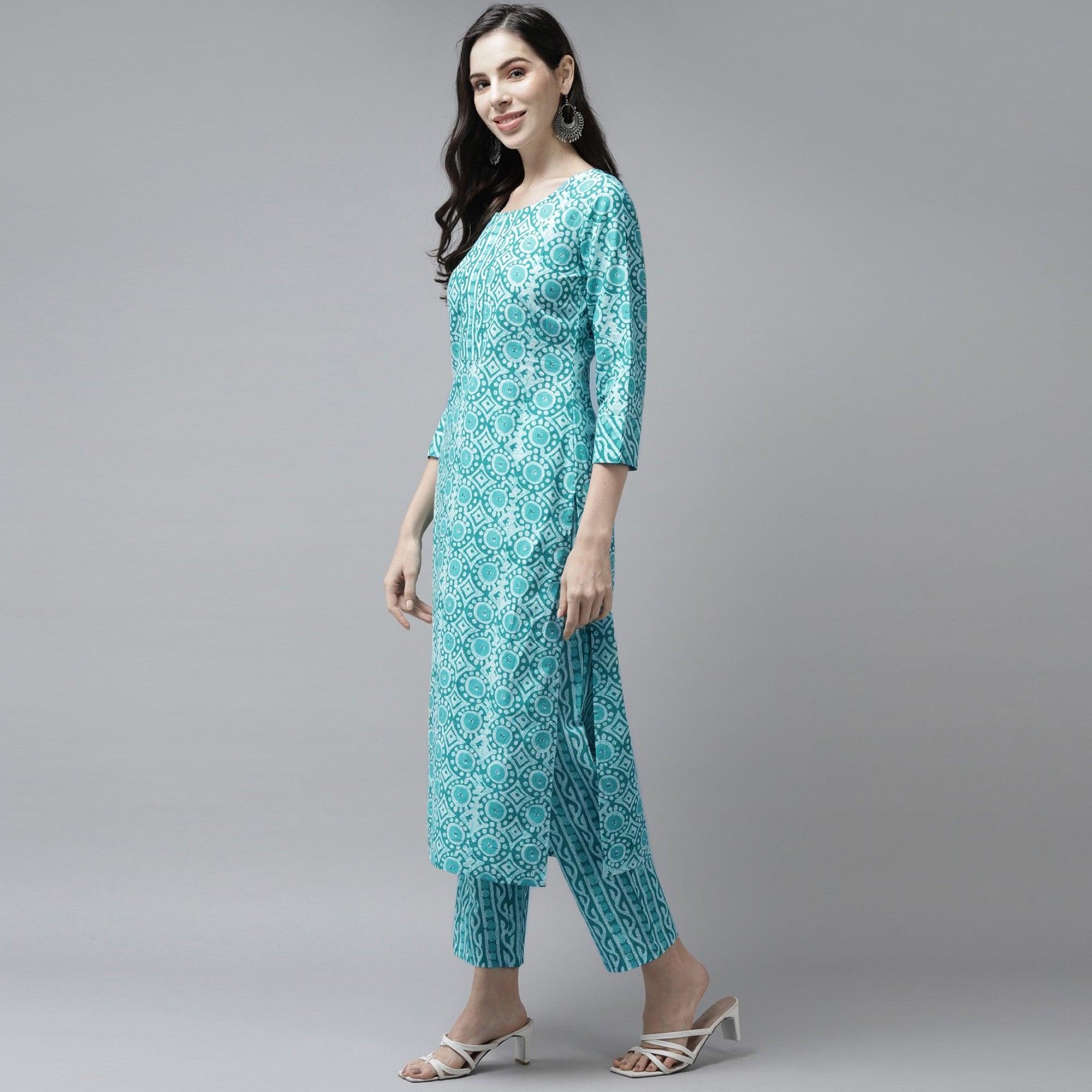 Turquoise Printed Pure Cotton Kurti Pant Set with Dupatta - Peachmode