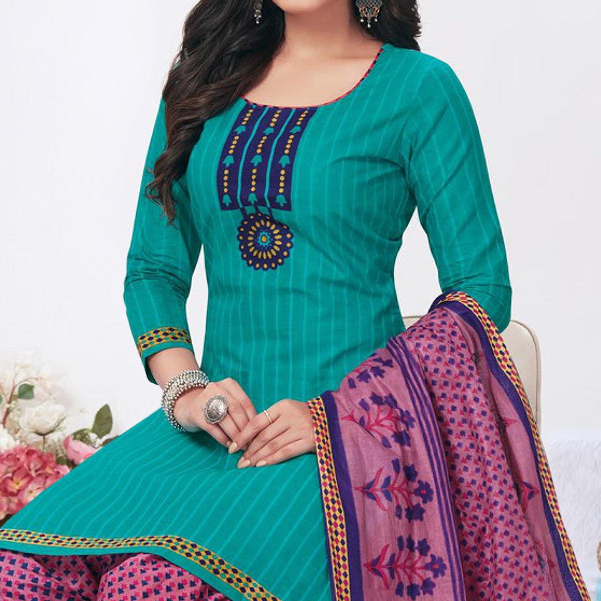 Turquoise Printed Pure Cotton Patiala Dress Material - Peachmode