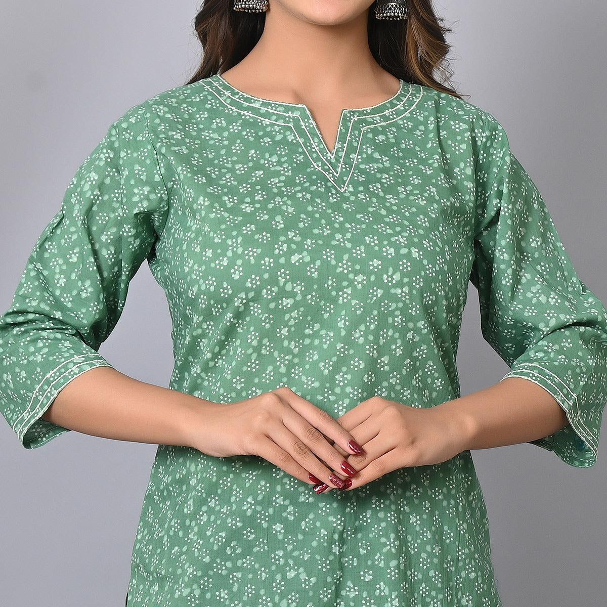 Turquoise Printed Pure Cotton Top - Peachmode