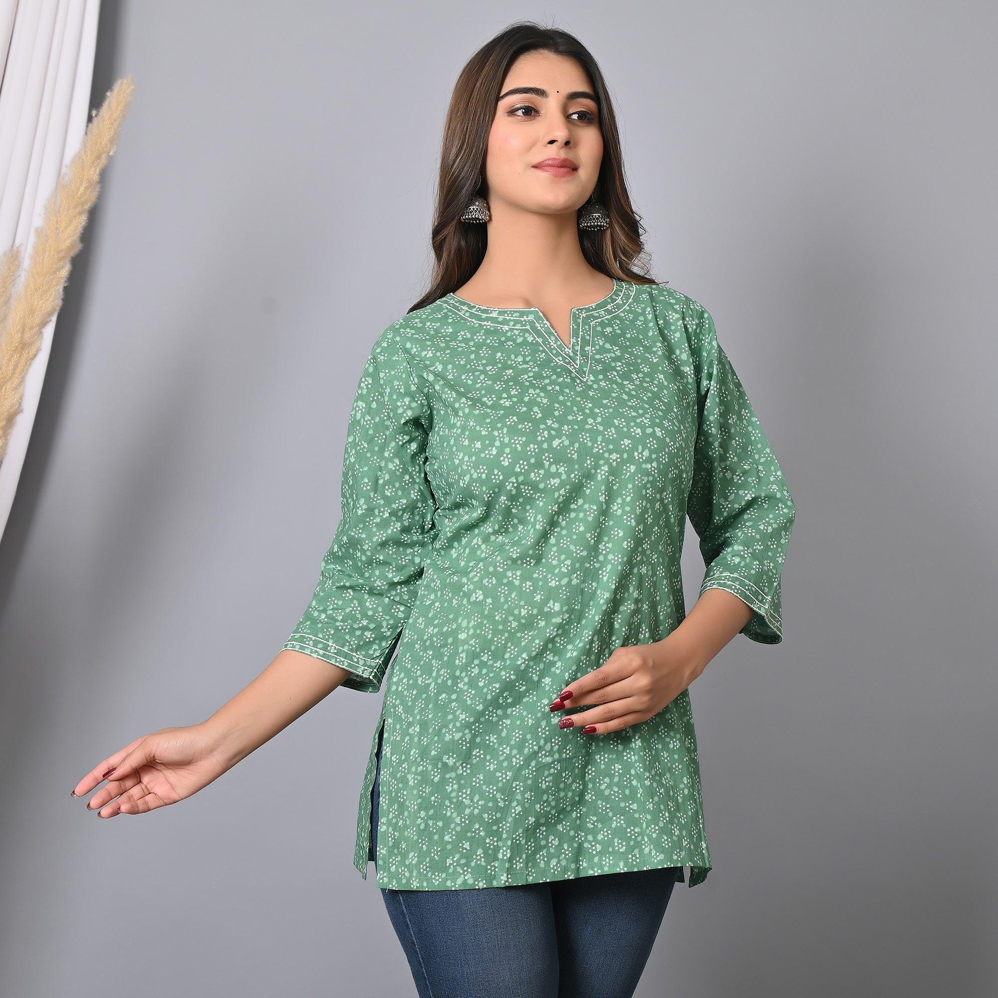 Turquoise Printed Pure Cotton Top - Peachmode