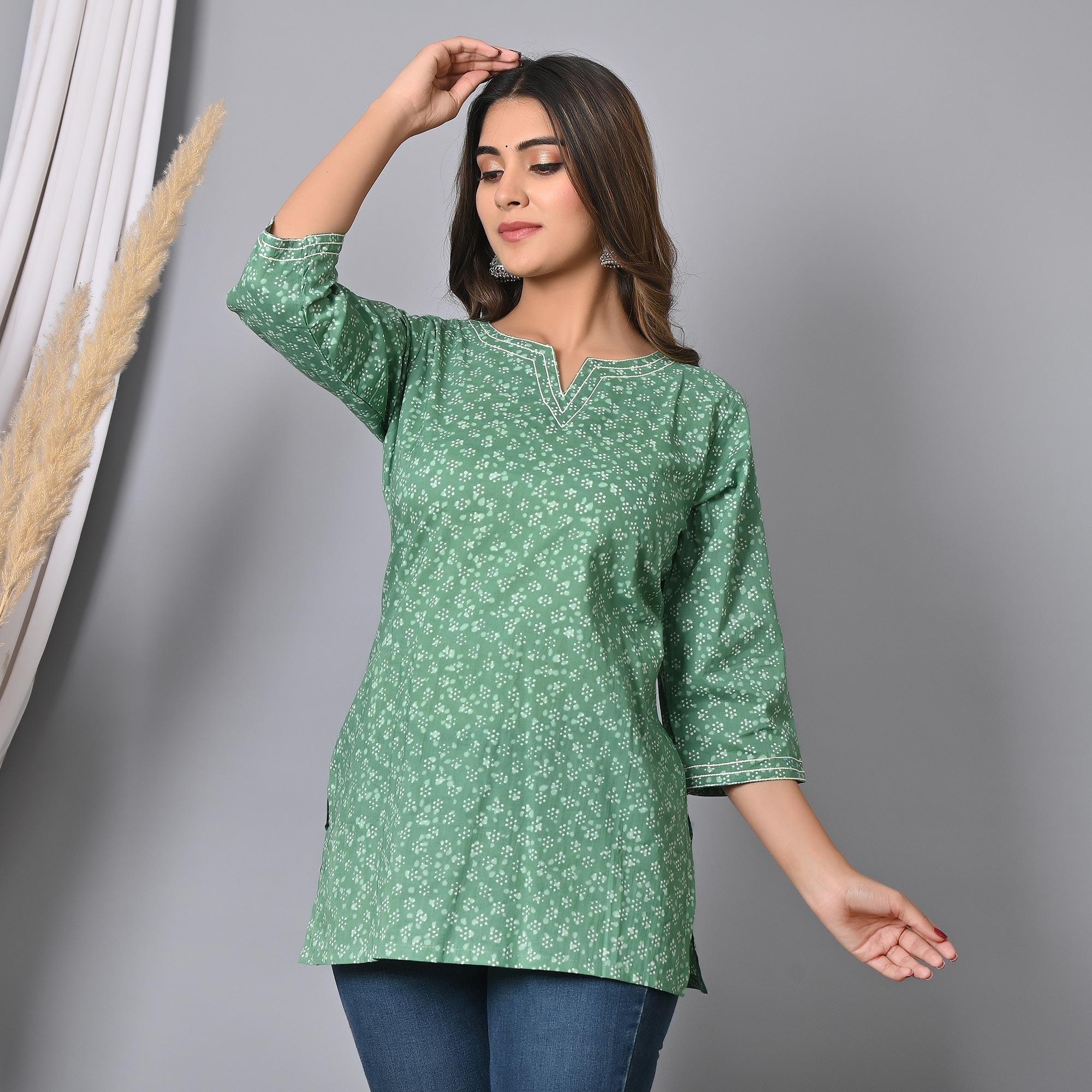 Turquoise Printed Pure Cotton Top - Peachmode