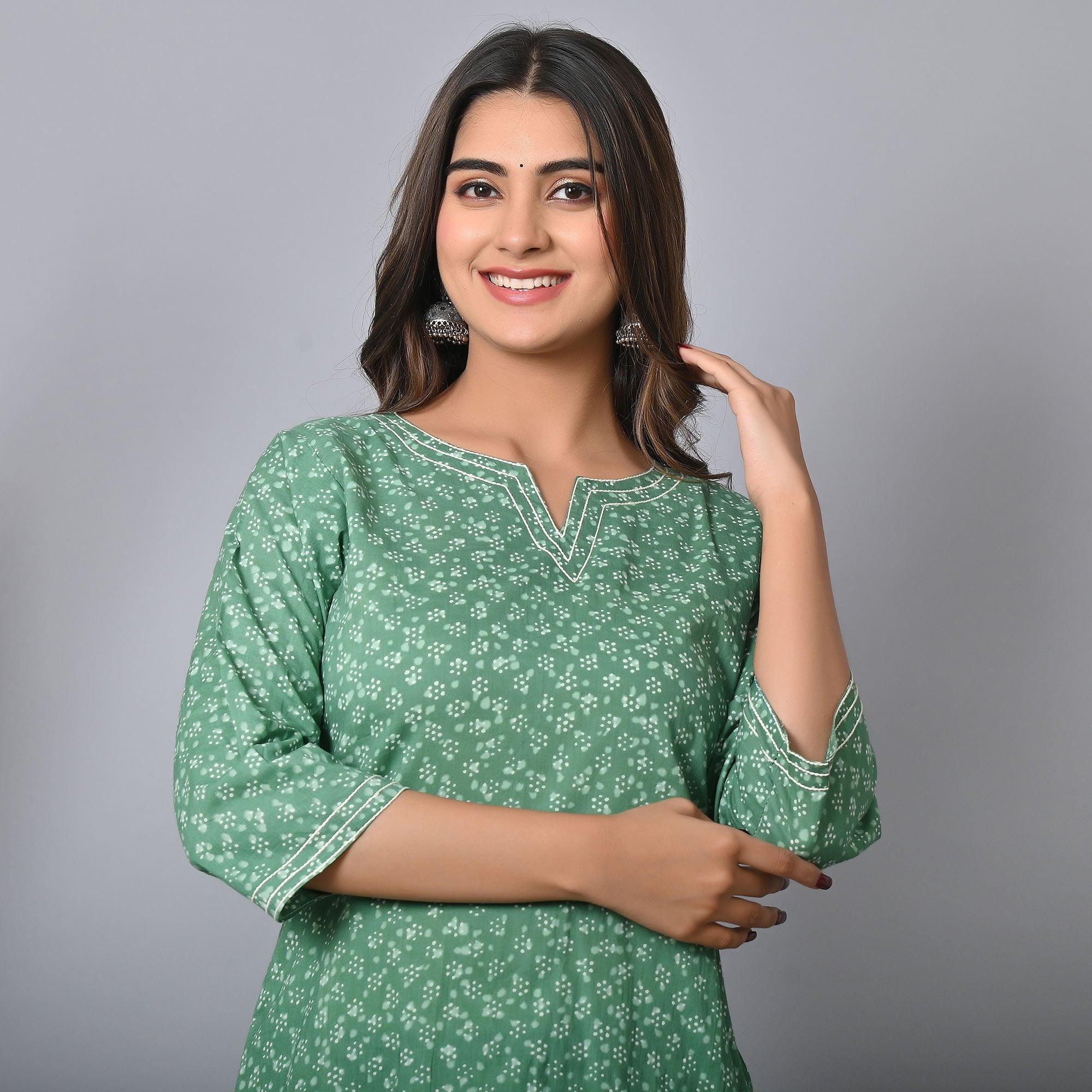 Turquoise Printed Pure Cotton Top - Peachmode