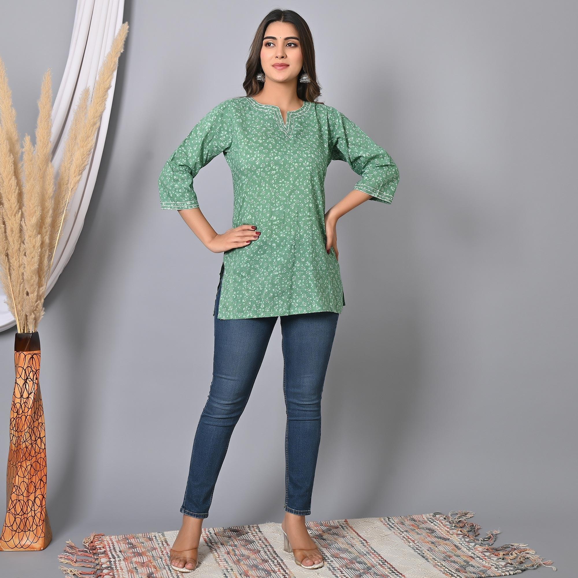 Turquoise Printed Pure Cotton Top - Peachmode