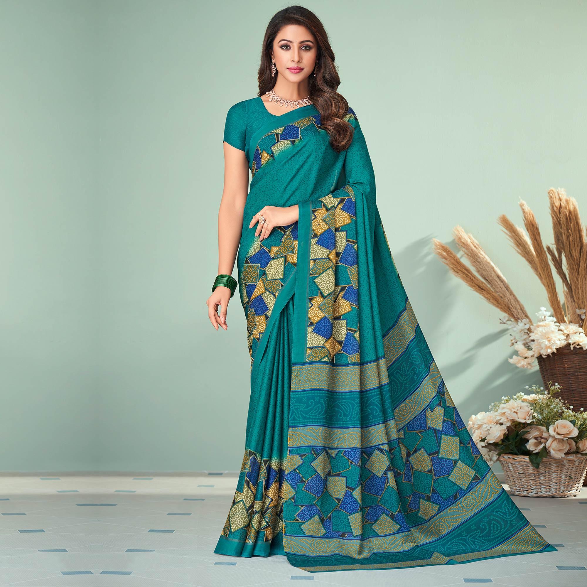 Turquoise Printed Raw Silk Saree - Peachmode