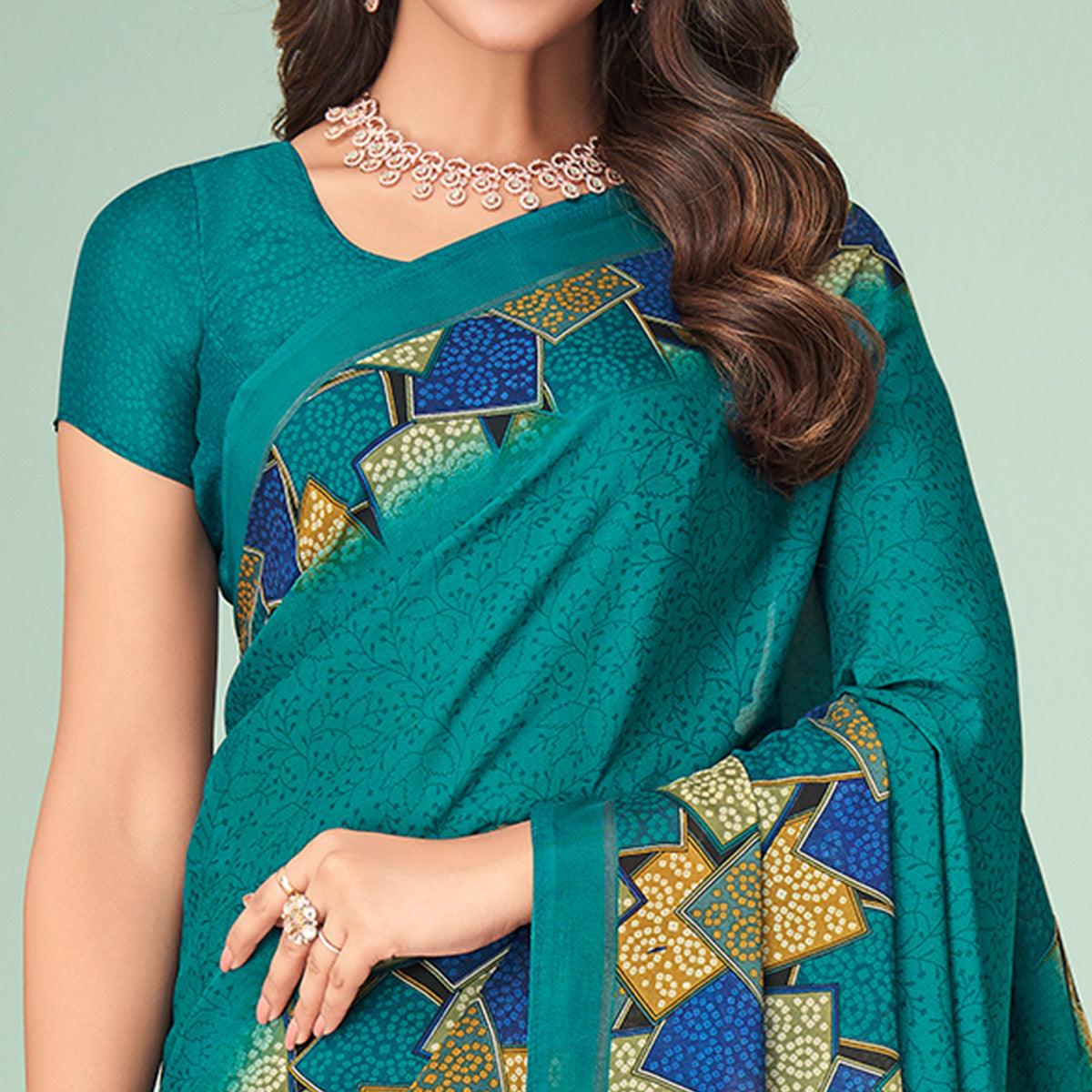 Turquoise Printed Raw Silk Saree - Peachmode