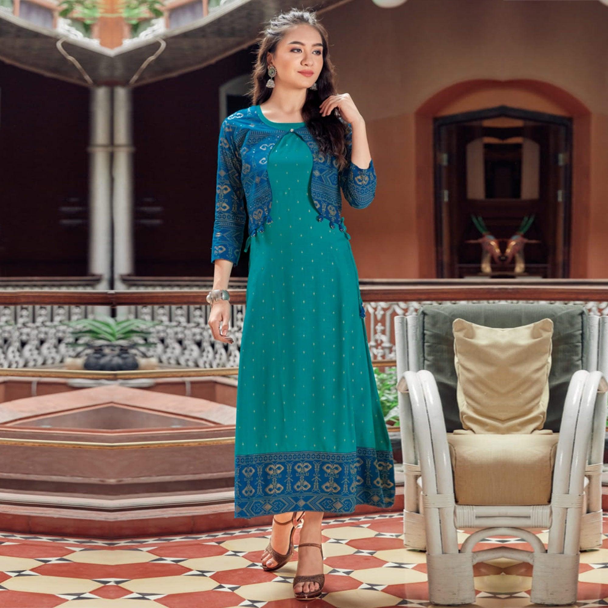 Turquoise Printed Rayon Anarkali Kurti - Peachmode