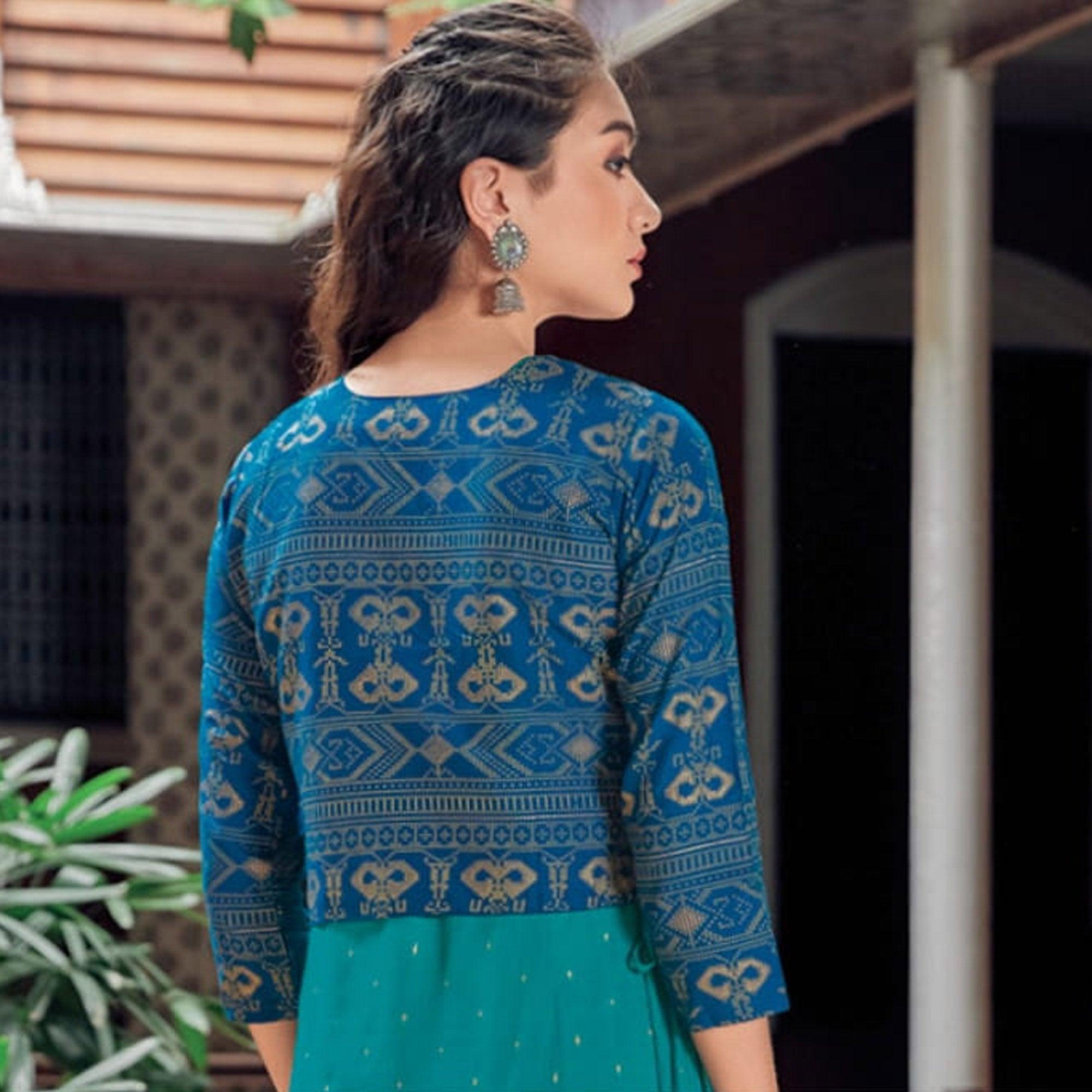 Turquoise Printed Rayon Anarkali Kurti - Peachmode