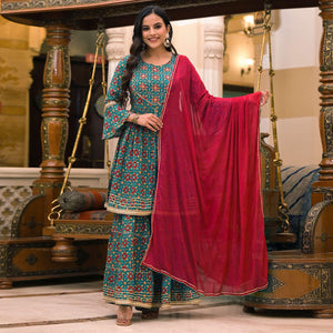 Turquoise Printed Rayon Sharara Suit - Peachmode