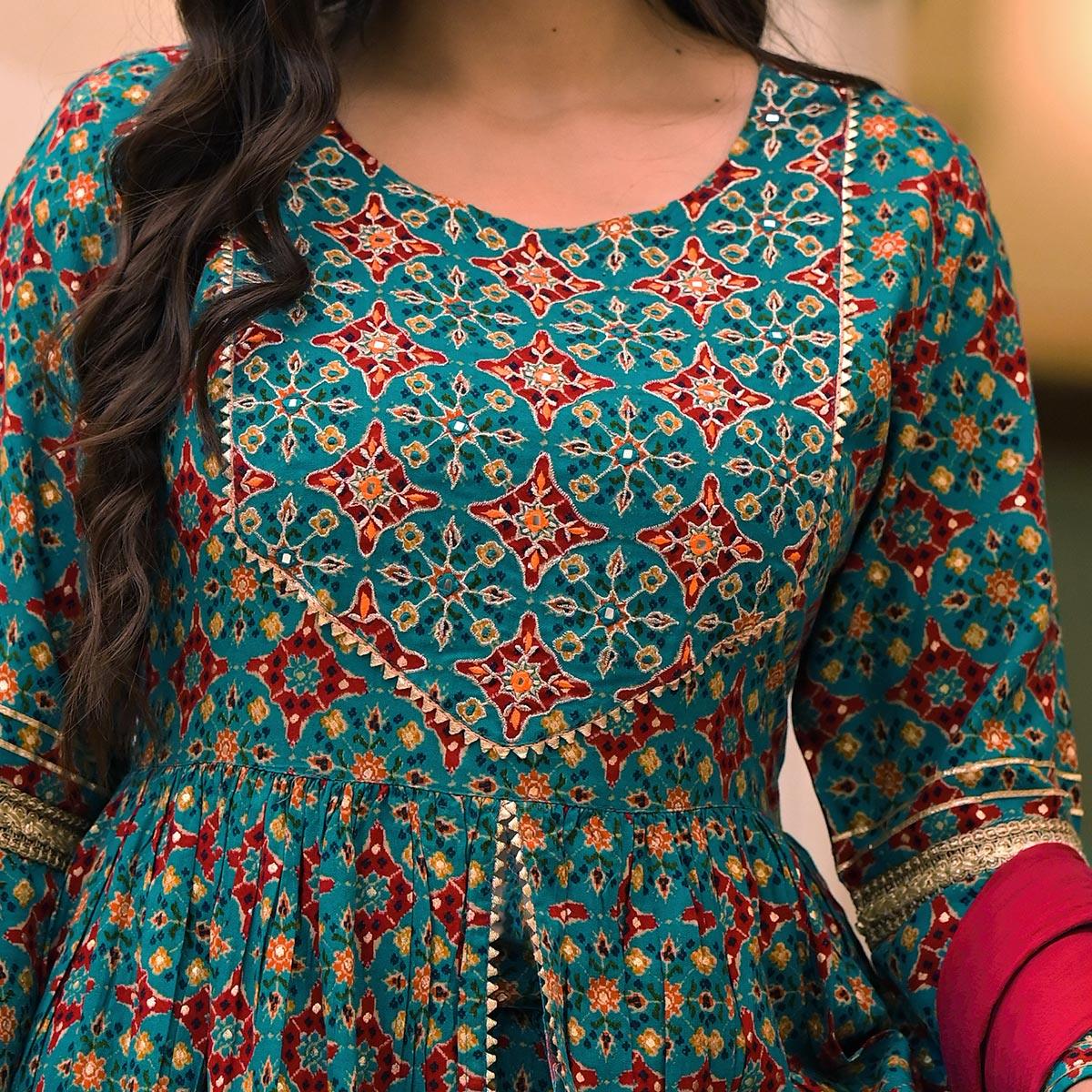 Turquoise Printed Rayon Sharara Suit - Peachmode