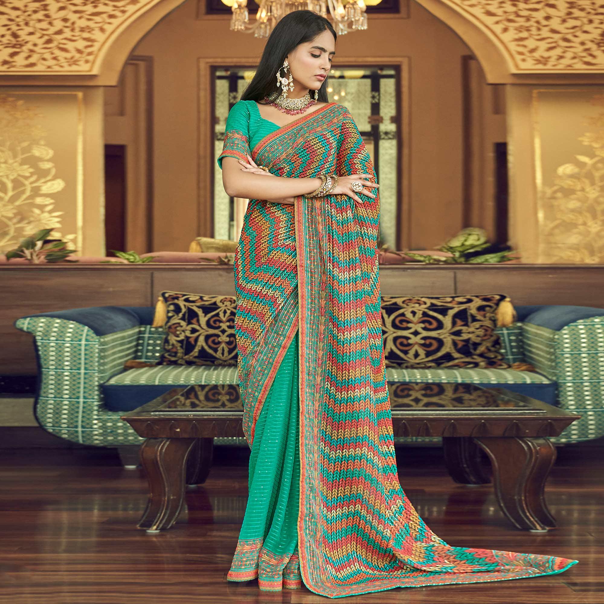 Turquoise Printed With Embellished Georgette Half and Half Saree - Peachmode