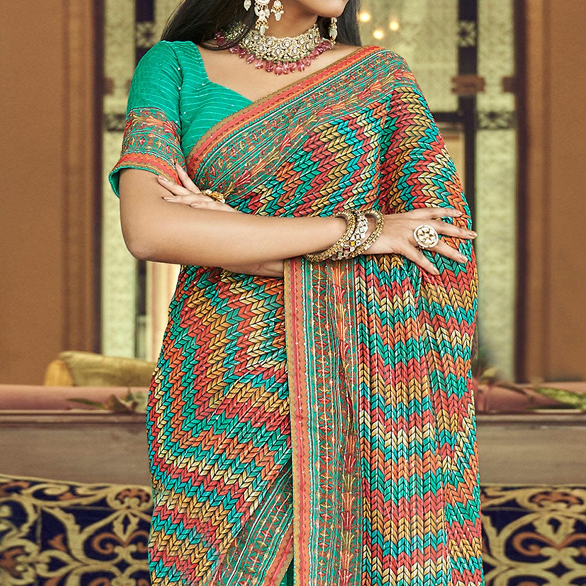 Turquoise Printed With Embellished Georgette Half and Half Saree - Peachmode