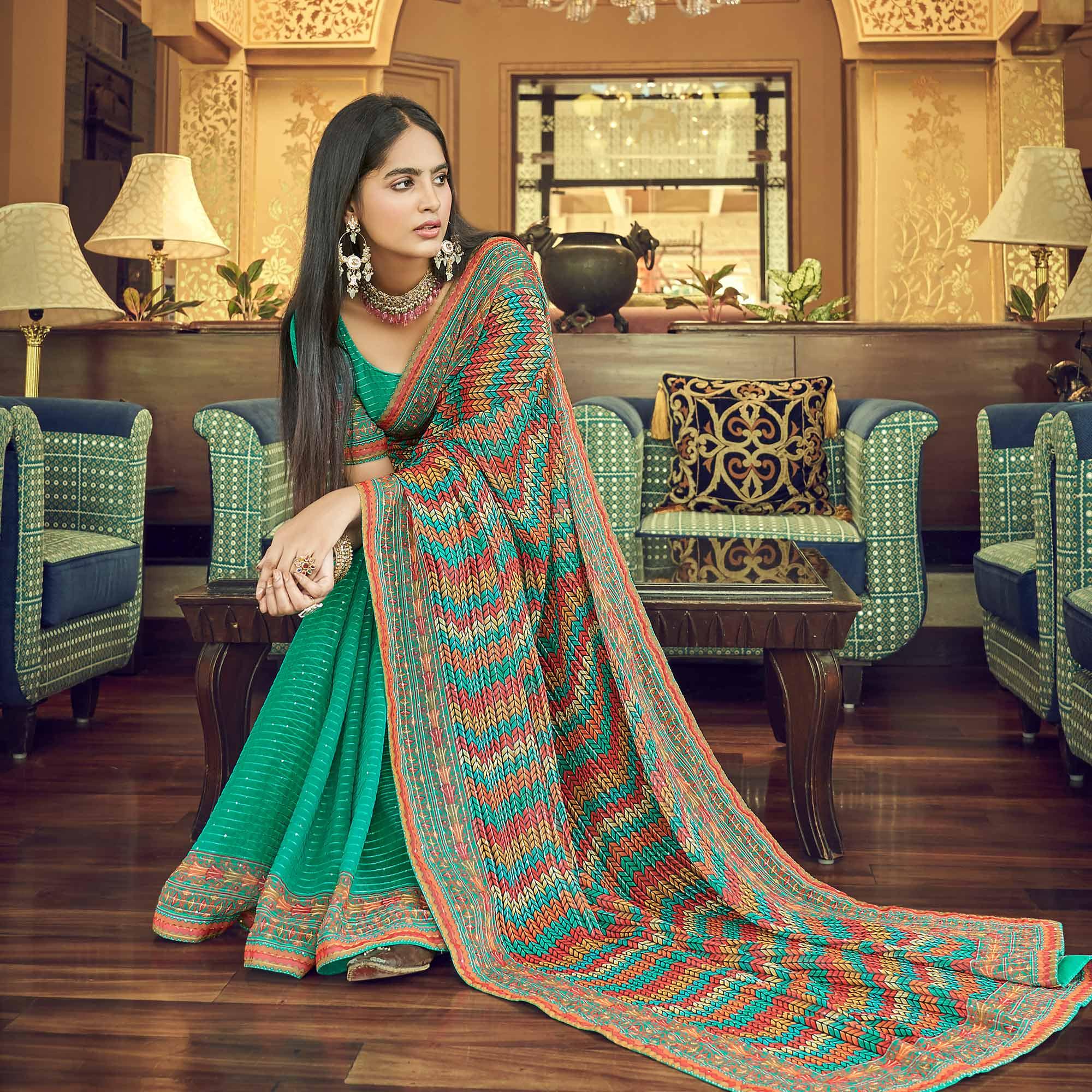Turquoise Printed With Embellished Georgette Half and Half Saree - Peachmode