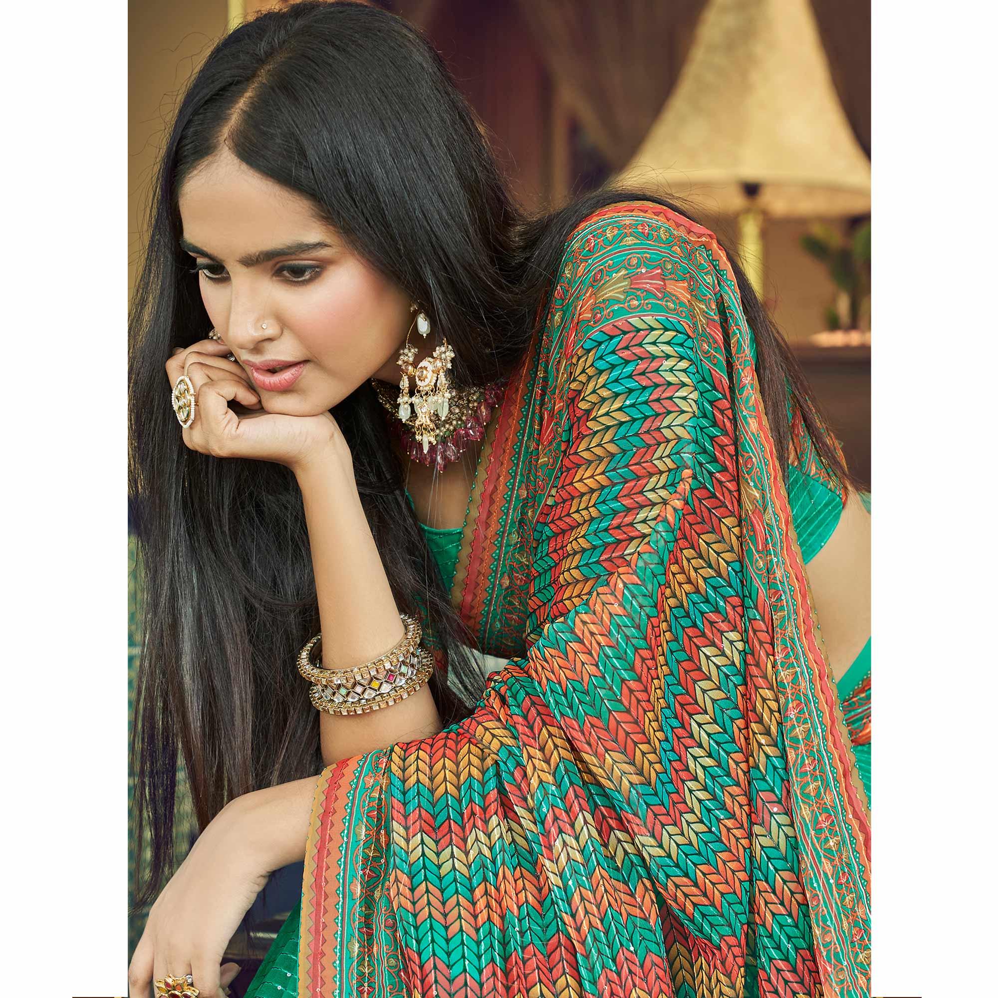 Turquoise Printed With Embellished Georgette Half and Half Saree - Peachmode
