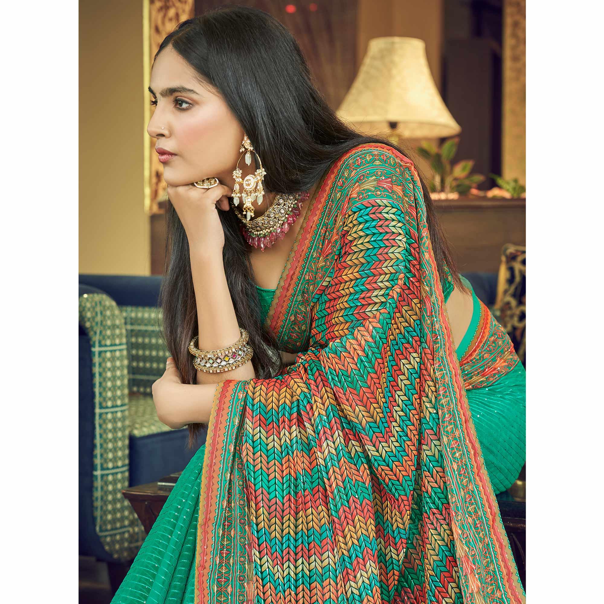 Turquoise Printed With Embellished Georgette Half and Half Saree - Peachmode