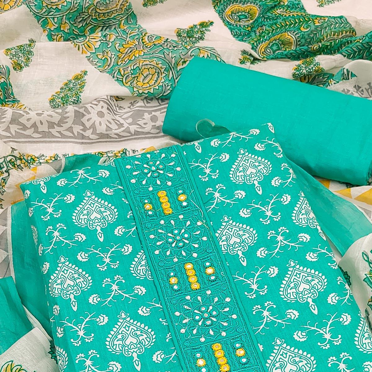 Turquoise Printed With Embroidered Cotton Blend Dress Material - Peachmode