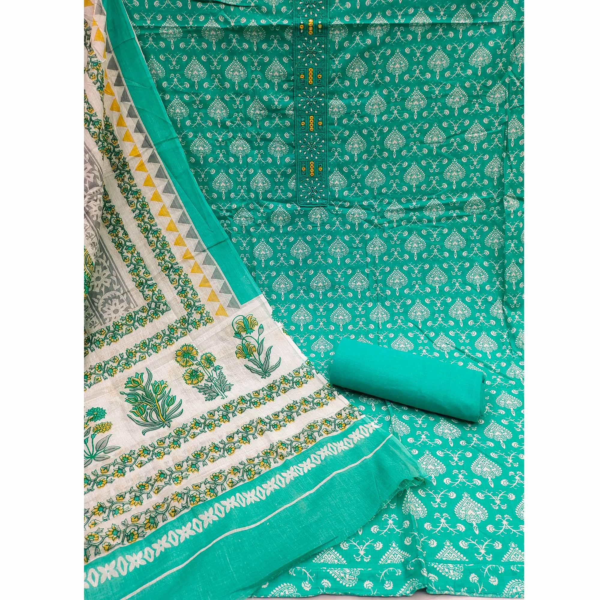 Turquoise Printed With Embroidered Cotton Blend Dress Material - Peachmode