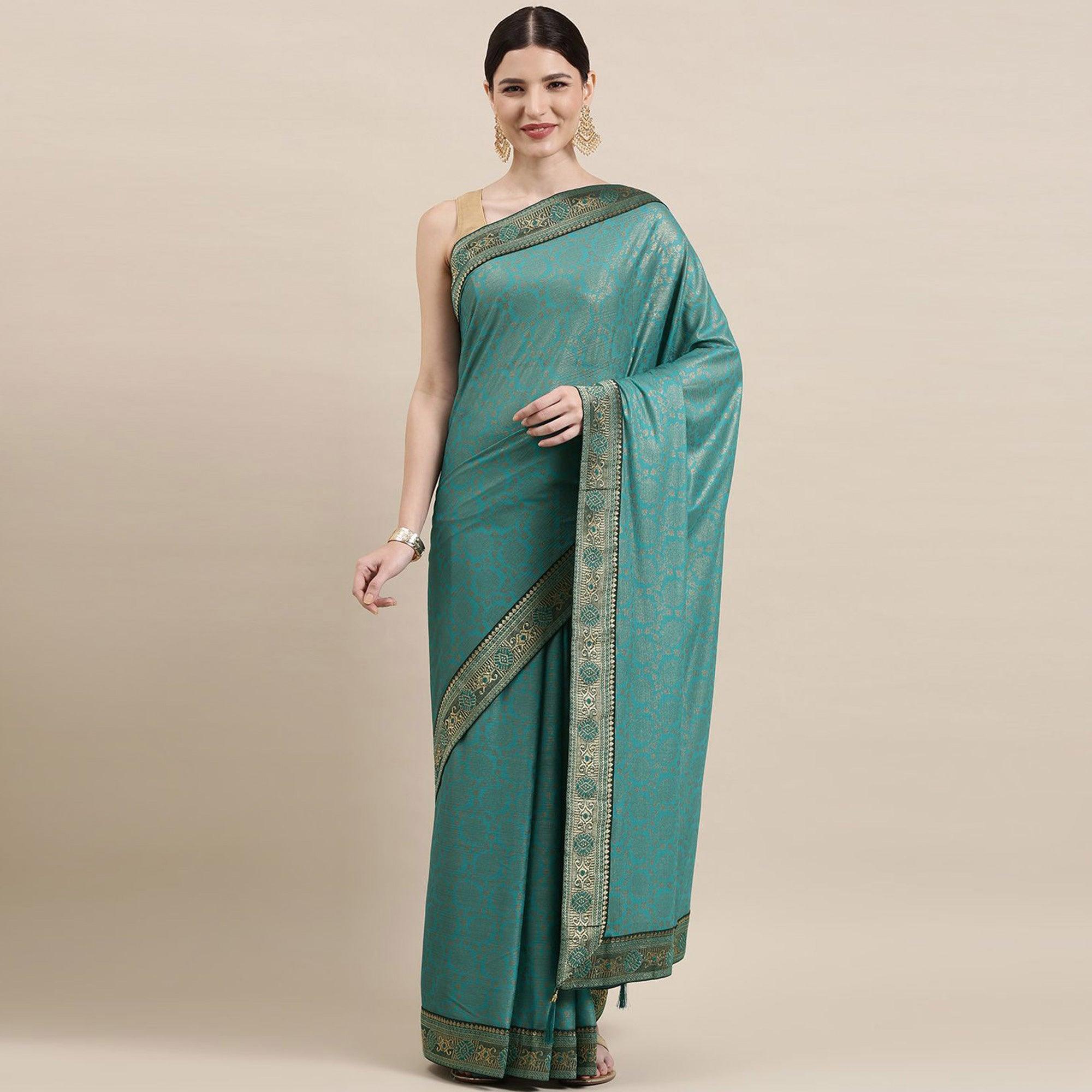 Turquoise Printed With Woven Border Art Silk Saree - Peachmode