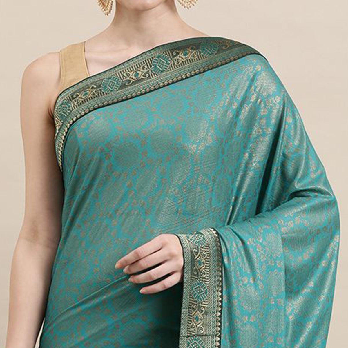 Turquoise Printed With Woven Border Art Silk Saree - Peachmode