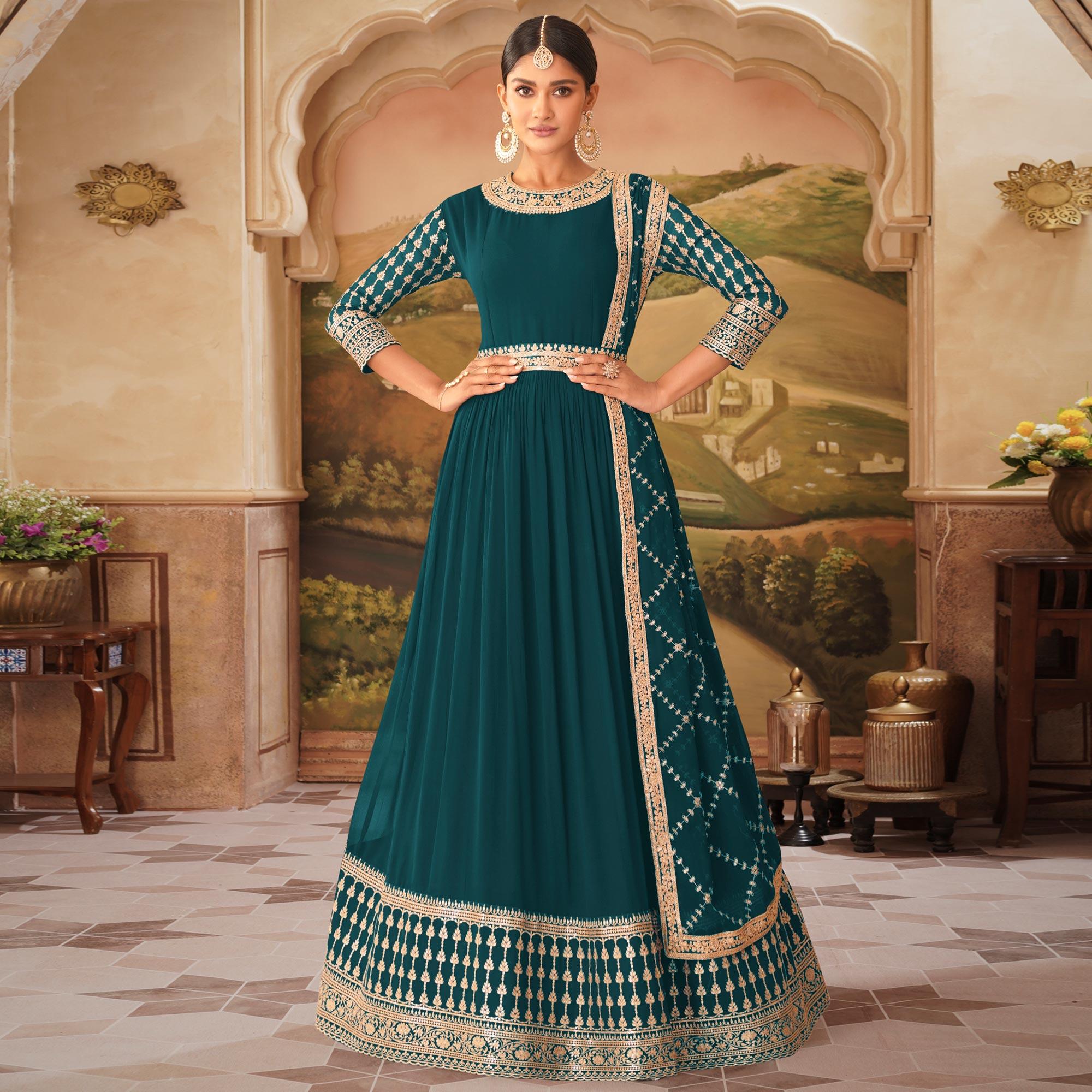 Turquoise Sequence Embroidered Georgette Gown - Peachmode