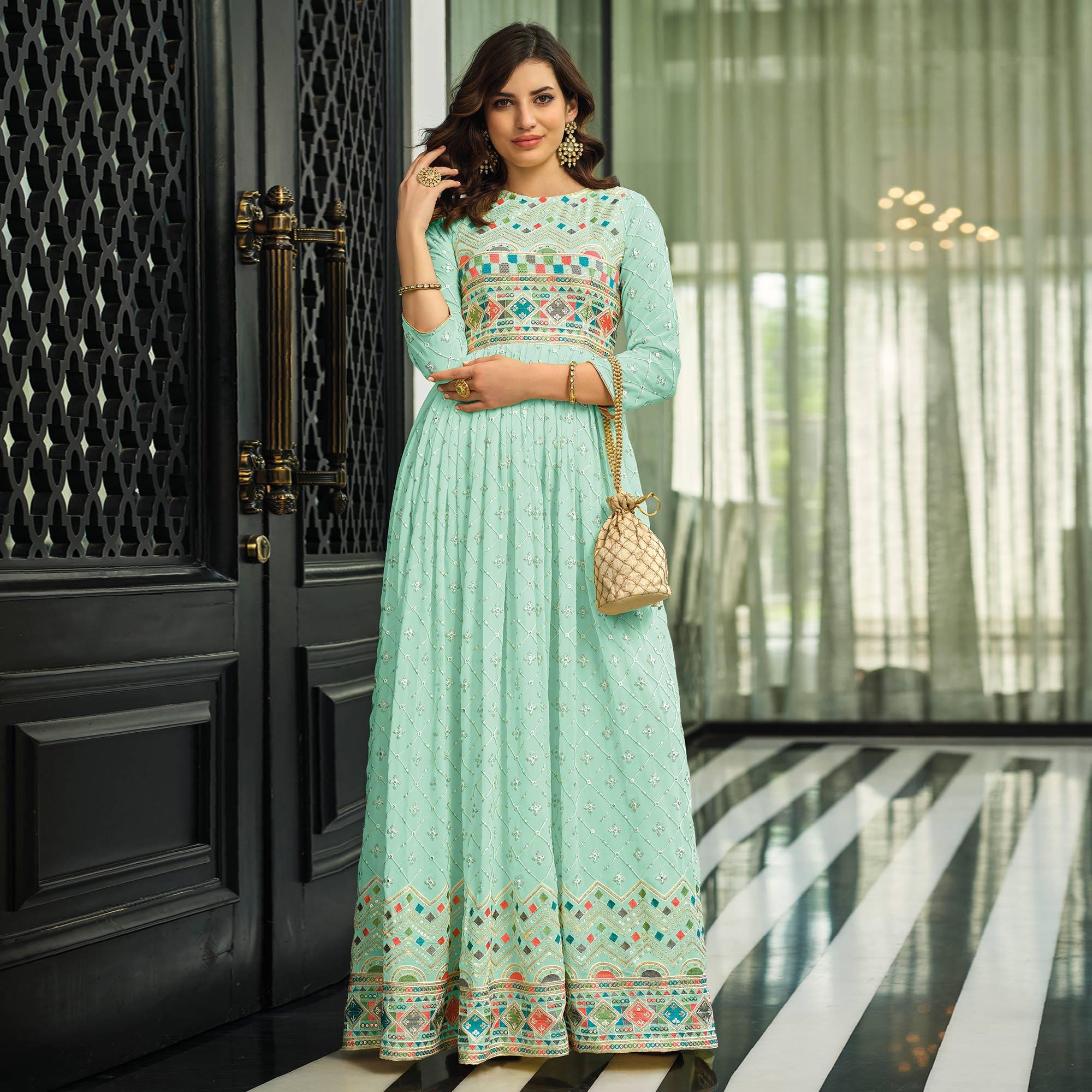 Turquoise Sequence Embroidered Georgette Gown - Peachmode