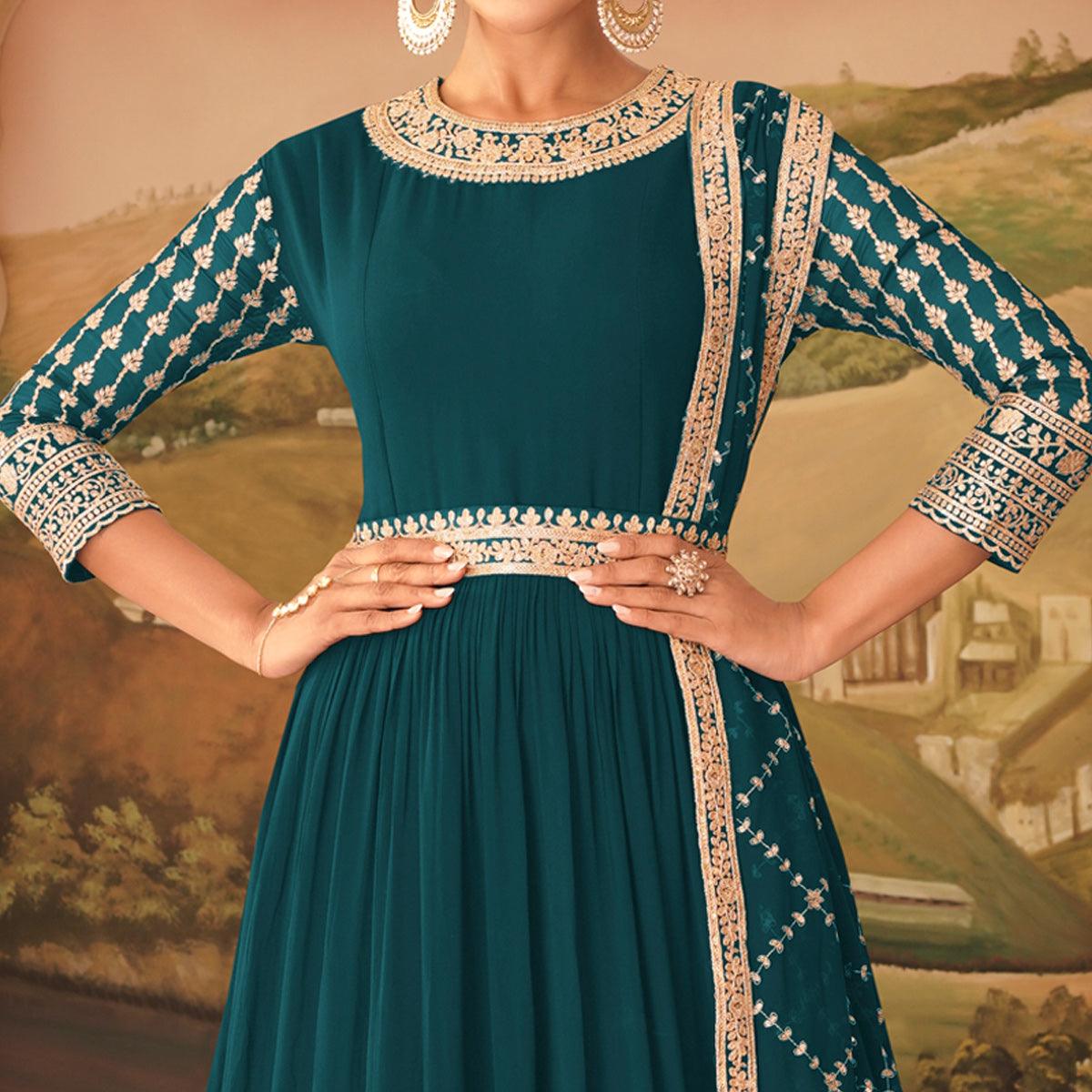 Turquoise Sequence Embroidered Georgette Gown - Peachmode